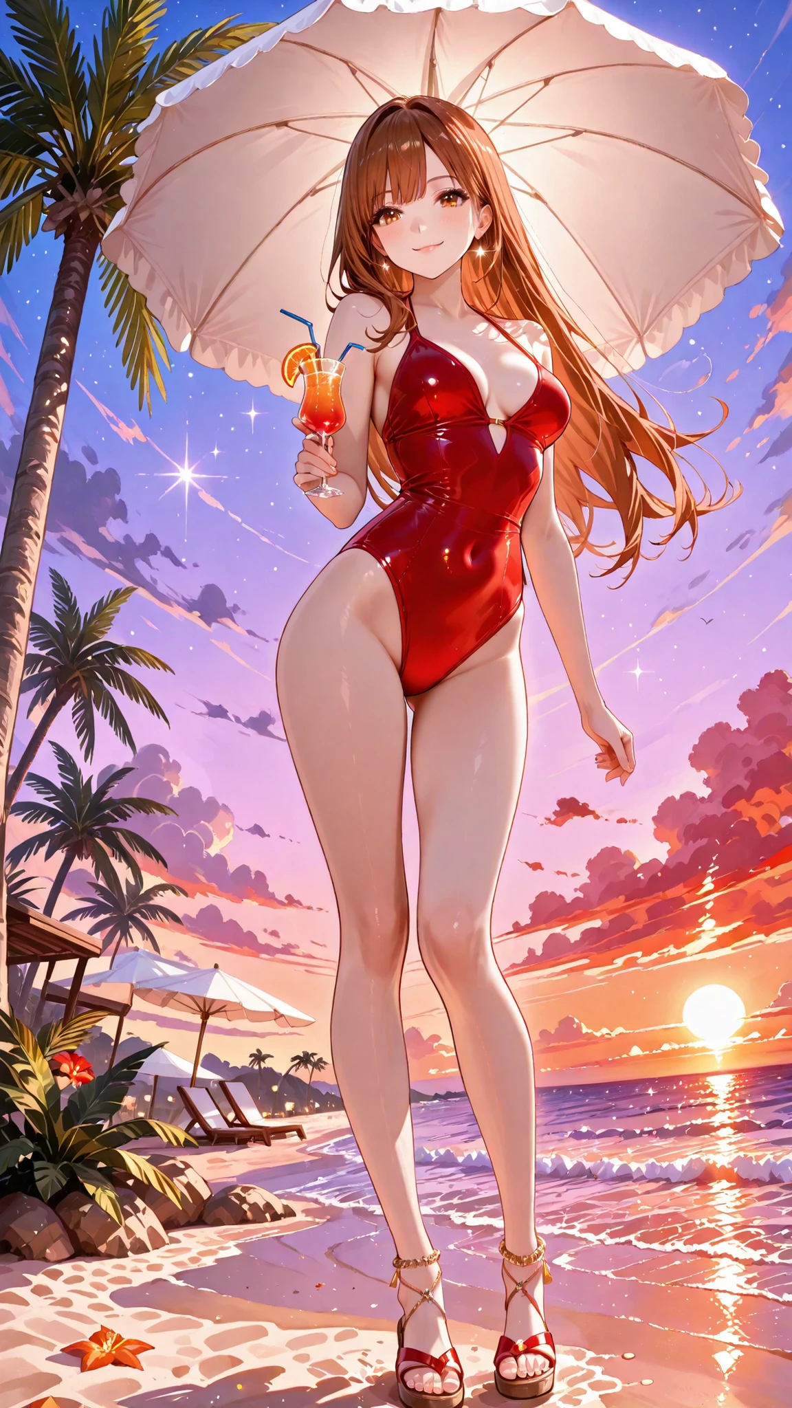 RAW pictures, High Quality, Super Detailed, young woman before the performance, brown straight long hair, orange brown eyes, charming smile, Red and white swimsuit, Tight Waist, long beautiful legs, layered anklets, beach side, parasol, Twilight Sky, Seductive Poses, Sparkling sand, palm tree, tropical drinks, Summer atmosphere