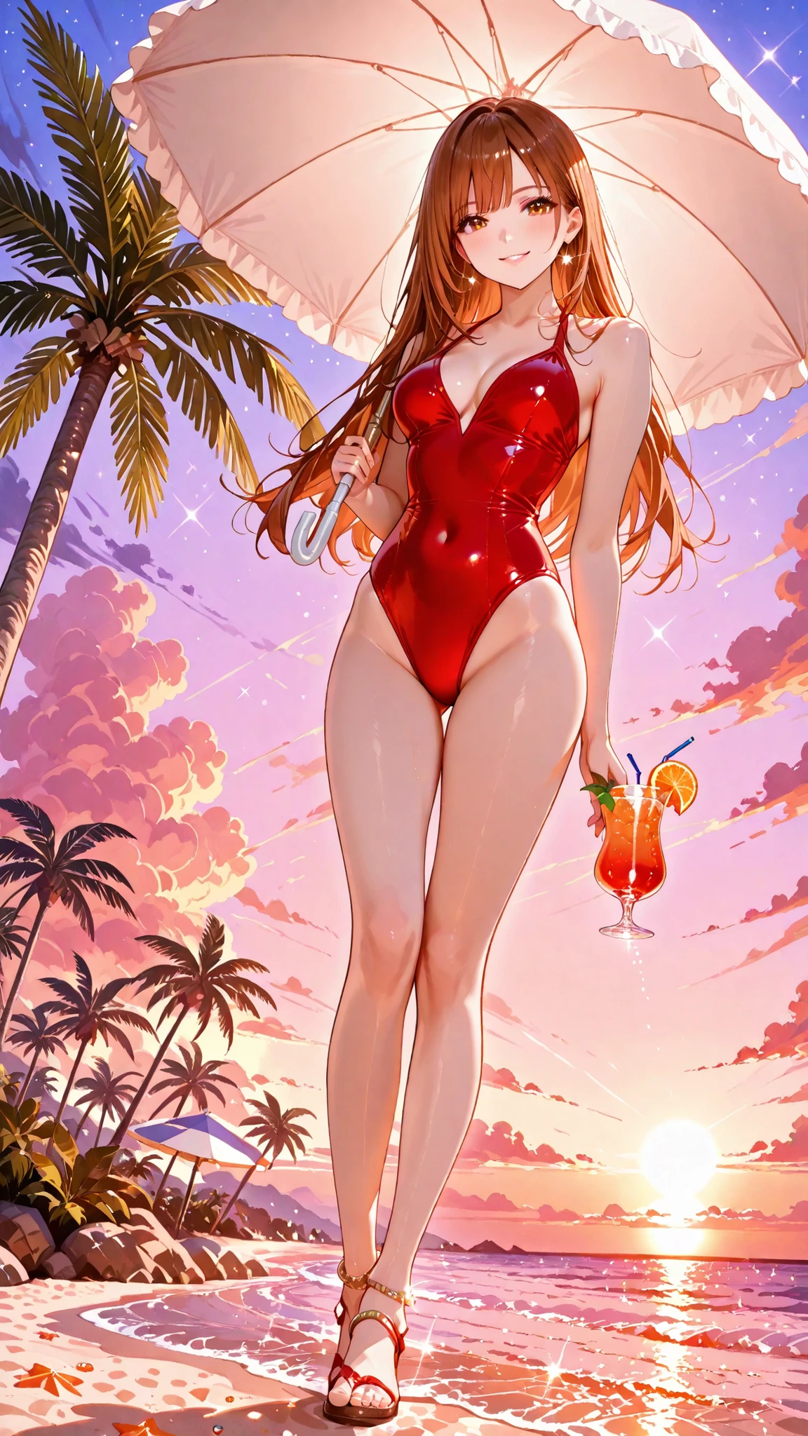 RAW pictures, High Quality, Super Detailed, young woman before the performance, brown straight long hair, orange brown eyes, charming smile, Red and white swimsuit, Tight Waist, long beautiful legs, layered anklets, beach side, parasol, Twilight Sky, Seductive Poses, Sparkling sand, palm tree, tropical drinks, Summer atmosphere