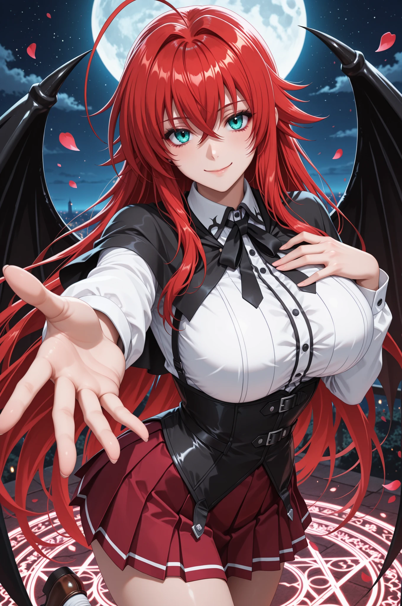 masterpiece, best quality, cowboy shot, looking at viewer, smile, 1girl, Rias Gremory HighSchoolDxD, large breasts, aqua eyes, red hair, very long hair, hair between eyes, crossed bangs, huge ahoge, long sidelocks, demon wings, black wings, black capelet, black neck ribbon, white collared shirt, long sleeves, underbust, black corset, red skirt, pleated skirt, miniskirt, white socks, brown loafers, hand on own chest, reaching towards viewer, flying, magic circle, night sky, full moon, falling petals