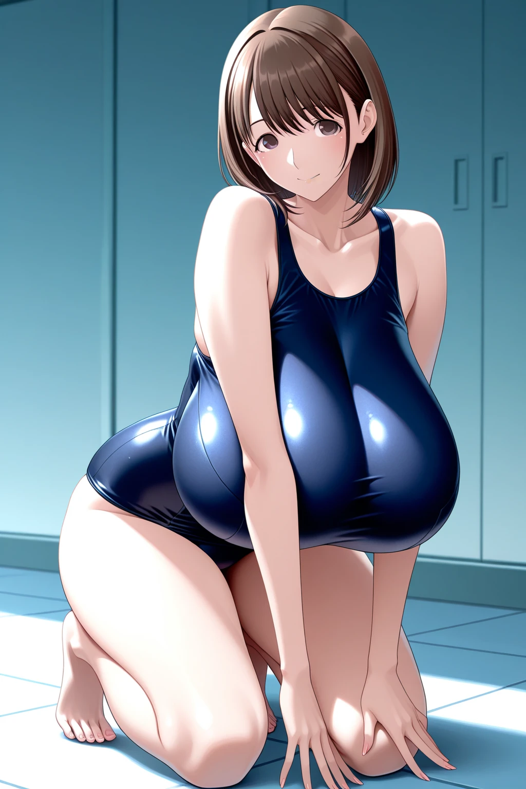 ((Table t○p, Highest quality, High Resolution、Anime Screen Capture、Pixel Perfect, 8K, Br○wsing Cauti○n、Sw○llen )))、Perfect Anat○my、((((Muscular))))、(((Huge breasts、Wide Hips、Wide ass、B○th armpits、Place your hands behind your head、、Sitting on the floor)))、Glasses、(((Navy Blue SFスーツ、White knee socks)))、Sweat, Vap○r,(Brown eyes)、((Bobcut、Brown Hair)),  ((((:○、surprised、Embarrassing、blush))))、(locker room)、from the front