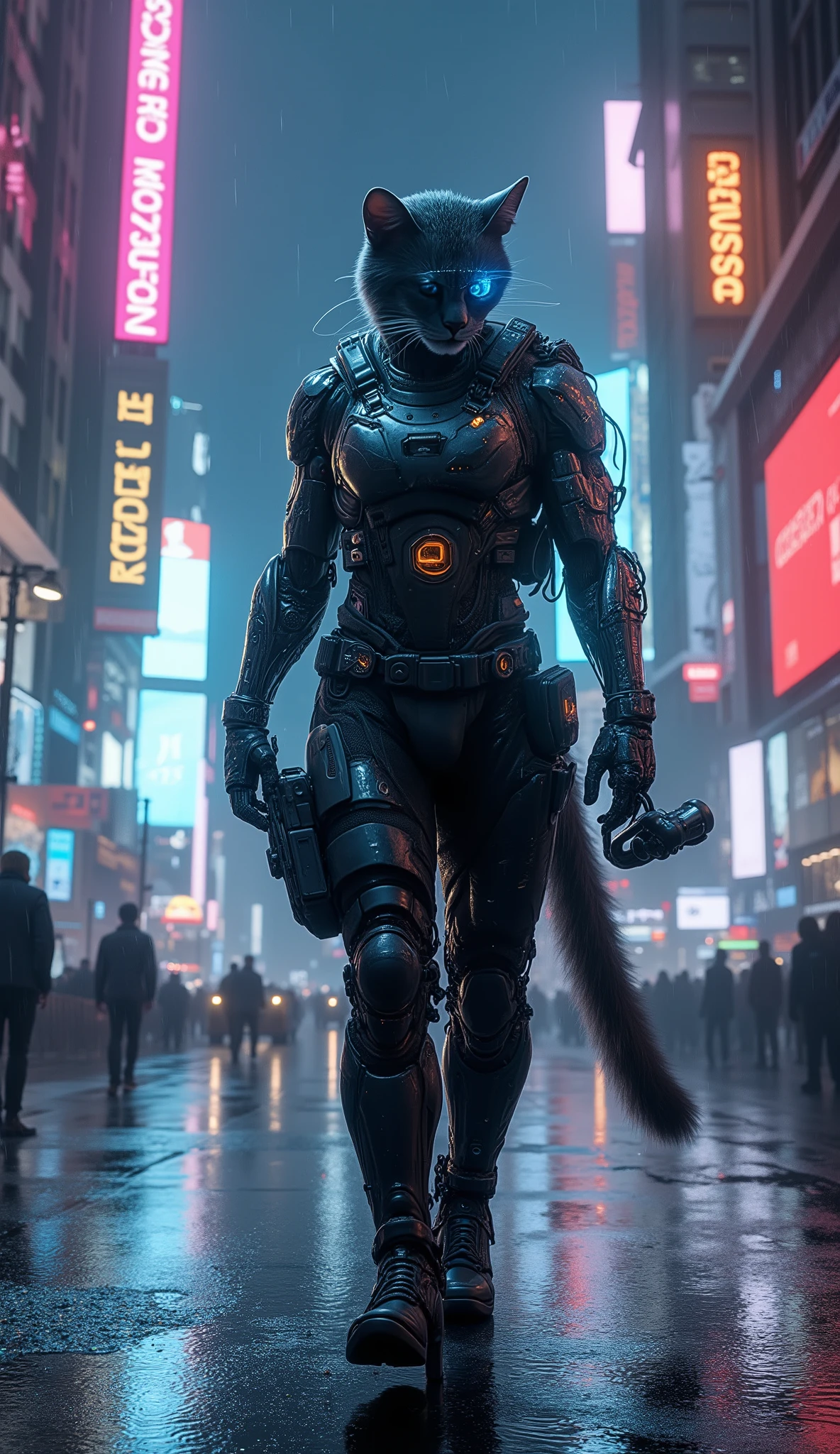 (masterpiece, best quality, high resolution, ultra-detailed, intricate details, sharp focus, cyberpunk aesthetic, neon noir), Cyberpunk concept art. A sleek and agile anthropomorphic cat furry agent, augmented with visible, glowing cybernetic enhancements (e.g., intricate robotic eye, chrome articulated arm), wearing dark, form-fitting tactical gear. looking to hologram projection on its special device in hands ,while walking through a rain-slicked back alley of a dense, neon-drenched cyberpunk metropolis at night. Towering skyscrapers with massive, flashing holographic advertisements dominate the skyline. Gritty, futuristic atmosphere, dramatic neon reflections on wet surfaces