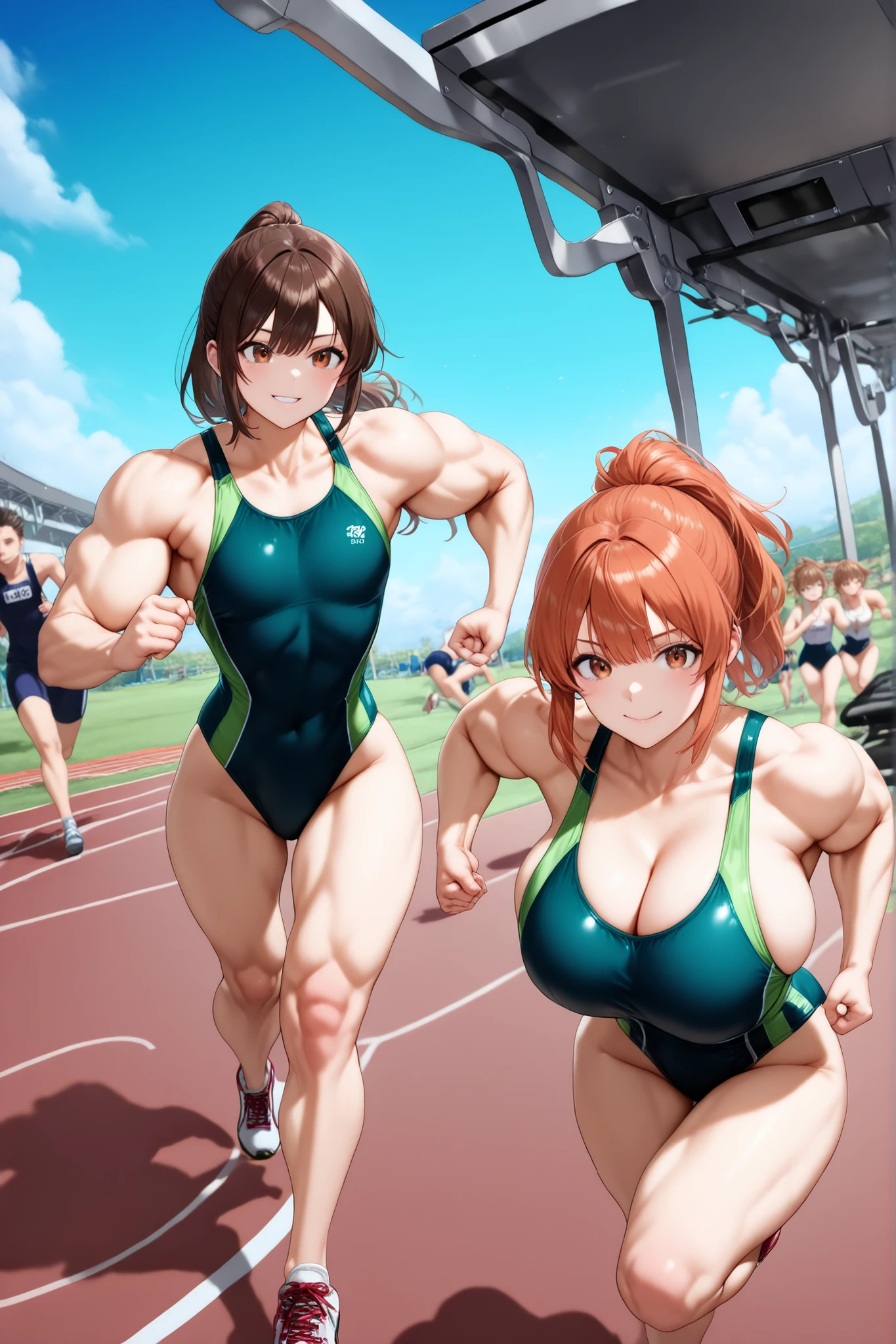 score_9, score_8_up , score_7_up , just describe what you want, tag1, tag2,official art, official style,game cg,illustration,
(masterpiece:1.5),(most detailed:1.5), (high resolution:1.5), (best quality:1.5),(perfect anatomy:1.5), (4K:1.3),
女の子2人:1.3, 左側に1人目\(優子\),右側に2人目\(聖子\),(competitive swimsuit:1.3),( dynamic pose,running, play treadmill :1.5),
( 1人目 is muscular:2.0, 1人目 is muscular:1.8,1人目 is flat chest:1.5,1人目 is flat chest:1.5, 1人目 is toned body:1.5, 1人目 wears green competitive swimsuit :1.3 ),
(2人目 is non muscular:1.8,2人目 is huge breasts , 2人目 wears cleavage wears navy blue competitive swimsuit:1.3, 2人目 is ponytail with natural bangs: 1.3) ,
2人は日本人,(2人は黒髪:1.5),2人はbrown eyes,smile:1.3,
( dutch angle :1.5),( school running track, oval shape, red or brown surface, clear lane markings, surrounded by field grass, :1.5 )