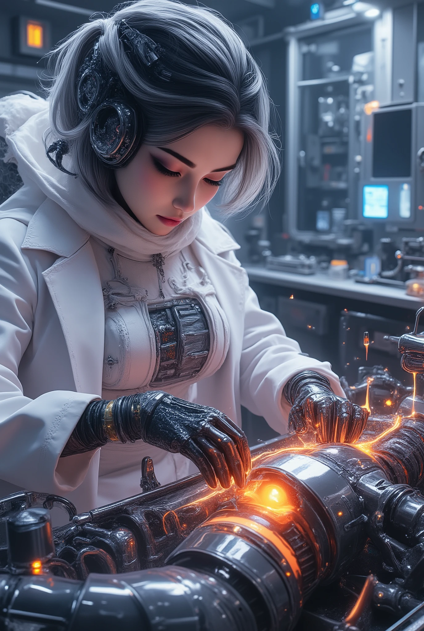 illustration of a beautiful female Cybernetic Doctor operating on a cute, malfunctioning android robot, show sparks coming from various places on the broken androids' body