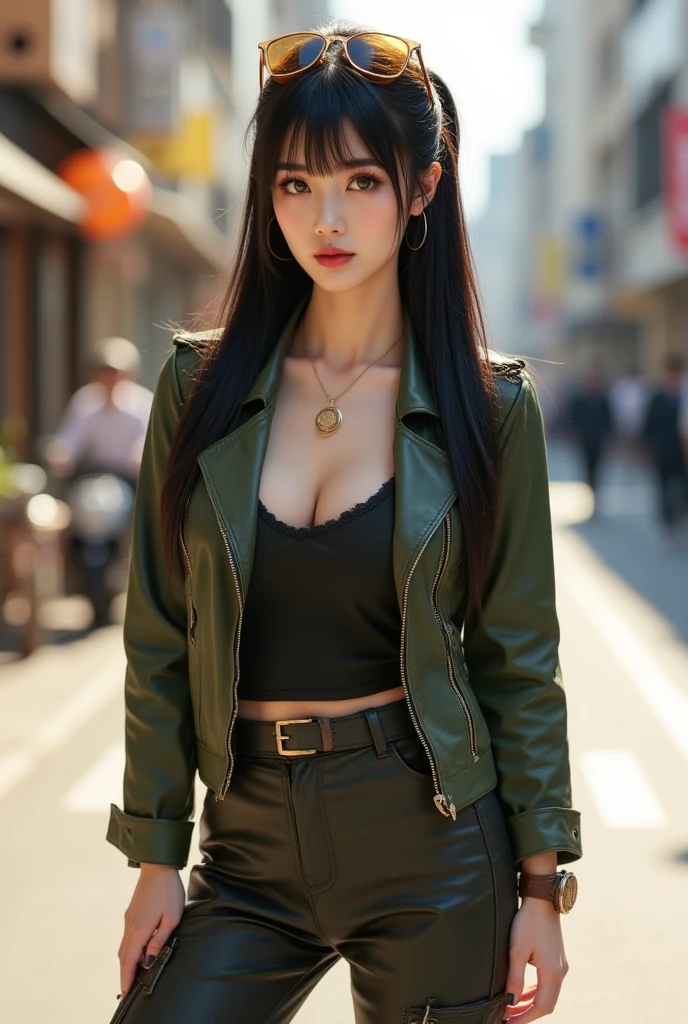 8K resolution, masterpiece, Highest quality, Award-winning works, unrealistic, tifa lockhart, 20-year-old, sexy college school girl, (black long hair:1.3), beautiful Perfect Face, Soft Skin, Perfect Face, Yasutomo Oka's painting style, 165cm tall, Three sizes are 92/60/88, (green jacket:1.5), white silk camisole, deep Cleavage, blue very long skirt with many pIeats, black garter belts, knee high socks, black pumps, details, Splash screen,Sharp eyes, crystal blue eyes, pink lips, BREAK, White Silver, dynamic sexy poses, Sweat, Strong winds, standing alone on station platform, waiting for train coming, Osaka Japan