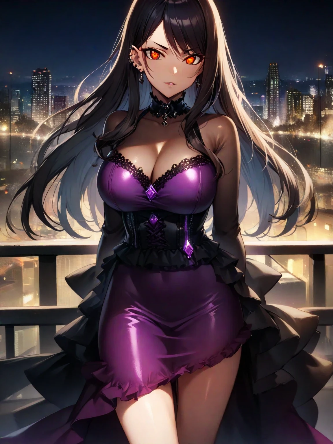 (masterpiece), best quality, expressive eyes, perfect face, () , 1girl, [highly detailed eyes], (highly detailed eyes), anime girl with long hair, goddess of the galaxy, nebula, dress, [], (}, godly stance, godly pose, head leaning on hand, hand on face, from below,  anime girl, [ face], mommy, milf, cleavage, ((floating)), no panties, anime best girl, an anime drawing inspired by Naka Bokunen, mature, solo, tall, normal body, dark theme, dark aesthetic, ((black and purple hair)), stars on dress design, ((angry)), smirking, smirk, , 