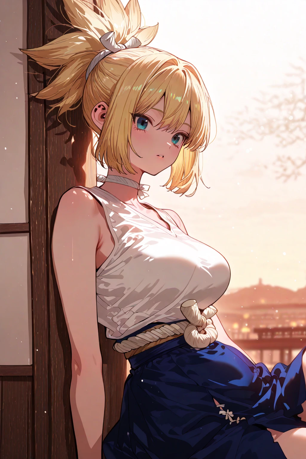 (masterpiece:1.2, highest quality, 8K, advanced details), (realistic, photorealistic:1.4), beautiful illustrations, 
looking at the viewer, whole body, Front view:0.6, 
((1 mature woman, 32 years old)),  Japanese, ((blonde:1.5, bob hair:1.9)), blown hair, bangs, hair between eyes , big breasts beautiful hair, beautiful hairstyle, beautiful face, beautiful and detailed eyes, (shining eyes:1.3), beautiful clavicle, beautiful body, beautiful breasts, beautiful thighs, beautiful feet, beautiful fingers, perfect :1.3, perfect , 
((put your left hand on your chest:1.3)), 
(Look at the viewer while blushing:1.3) 
((Pants too, choker:1.3)), ((shrine:1.6, within the territory, torii, Cherry tree:1.3))