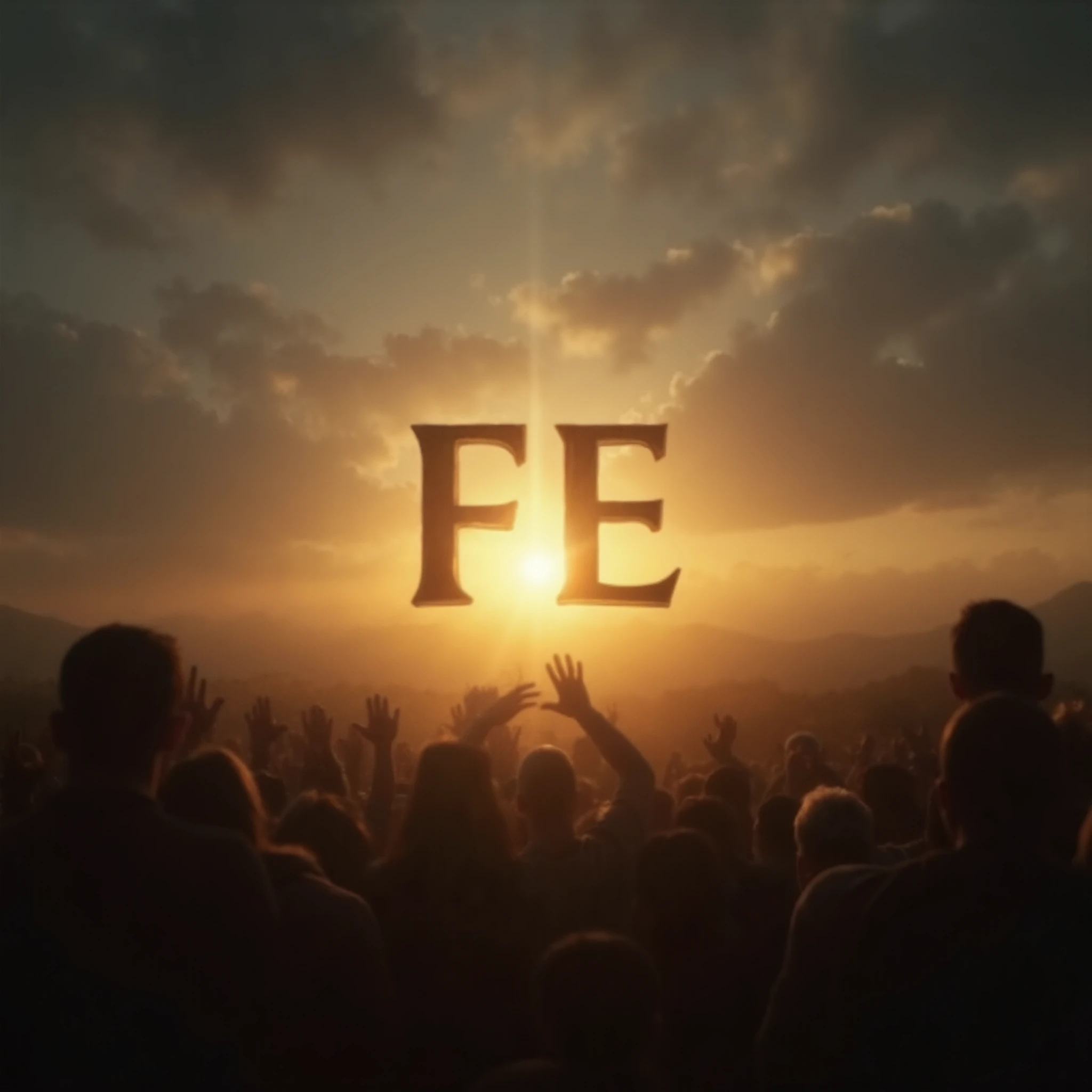 ” for Banner FE channel.TV.official en español latino. modern style, cinematic and minimalist, with epic sunset landscape background, modern gray tones with soft gold details. Incorporate warm light behind the FE logo.TV.official, without traditional religious elements. ”} Include subtle human silhouettes with raised hands without showing faces. Add flashes of light and a horizontal luminous line symbolizing hope and purpose. Main text: 'FE.TV.official’. Secondary text: 'Inspiration that lifts. Faith that guides. Truth that transforms.'Clean design, elegant, powerful, professional style branding type premium. sin cruces, without books, without direct religious symbols. Modern Palette , balanced composition, high resolution 2560x1440.”