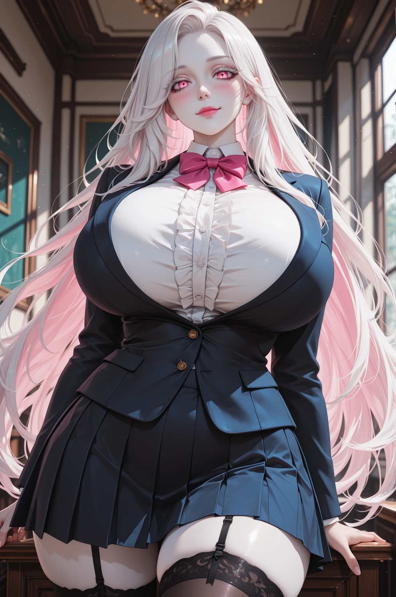 1girl, solo, portrait, cowboy shot, waist shot, half body shot, looking at viewer, student, elite college uniform fancy, white eylashes, long eyelashes, translucent hair, silver-white hair, very long hair, pink eyes, white skin, plump pink lips, white frilly shirt, bowtie, blazer with university crest, skirt, stockings, curvy, big eyes, glossy skin, perfect face, perfect eyes, sexy, sexy girl, beautiful eyes, gigantic breasts, wide hips, wide thighs, beautiful face, standing, serene expression, blush, (masterpiece, best quality, absurdres, highres), ultra-detailed, very aesthetic, amazing quality, sharp focus, UHD, 8k, skin texture, rich colors, vibrant colors, high depth of field, volumetric lighting, ray tracing, best lighting, concept painting, digital art style, drawn aesthetic, ultrahigh definition, perfect quality, absolutely eye-catching, detailed illustration, detailed background, beautiful eyes, cinematic, dynamic pose, dynamic angle, dynamic position, dynamic background, dynamic details, dynamic action, random pose, random position, random details, random decorations, random background