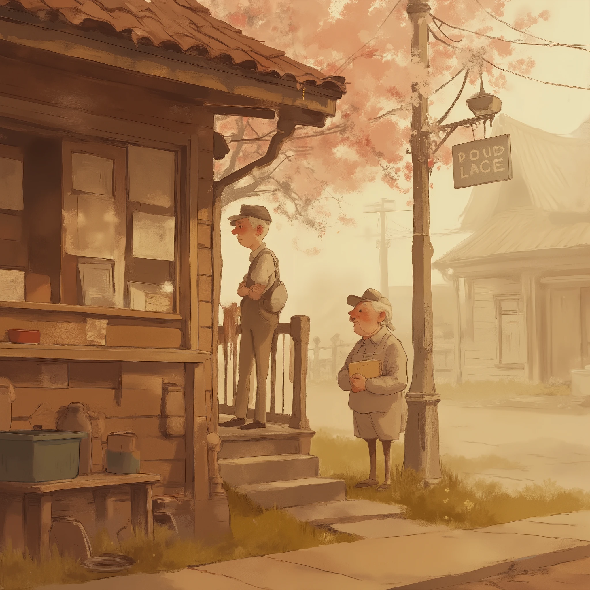 a digital illustration of,in the style of adilson-farias,An old male post office worker who is petite and has a friendly atmosphere、not wearing a vintage uniform carefully、Put on a uniform cap、small country town、small wooden post office、 in the morning fog、an old sign swaying、
stands there、
a bunch of letters in their hands、Modest Smile、The figure of a hard worker。quiet townscape、blooming eaves、soft light、
nostalgic and warm、light tone、like a scene in a movie