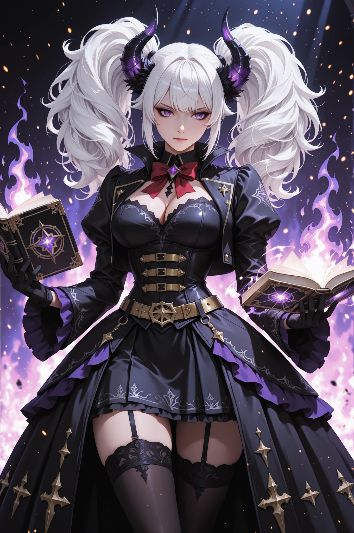 1girl, fantasy mage girl, white hair, twin tails hairstyle, fluffy voluminous hair, black glittered horns, Gothic mage style dress, black glittered jacket, black ribboned corset, golden belt, magical emblem, red bowtie, black gloves, thigh-high stockings. Casting magic, floating book, black and purple fire, light embers, dark fantasy background, cinematic soft lighting, sharp focus, highly detailed