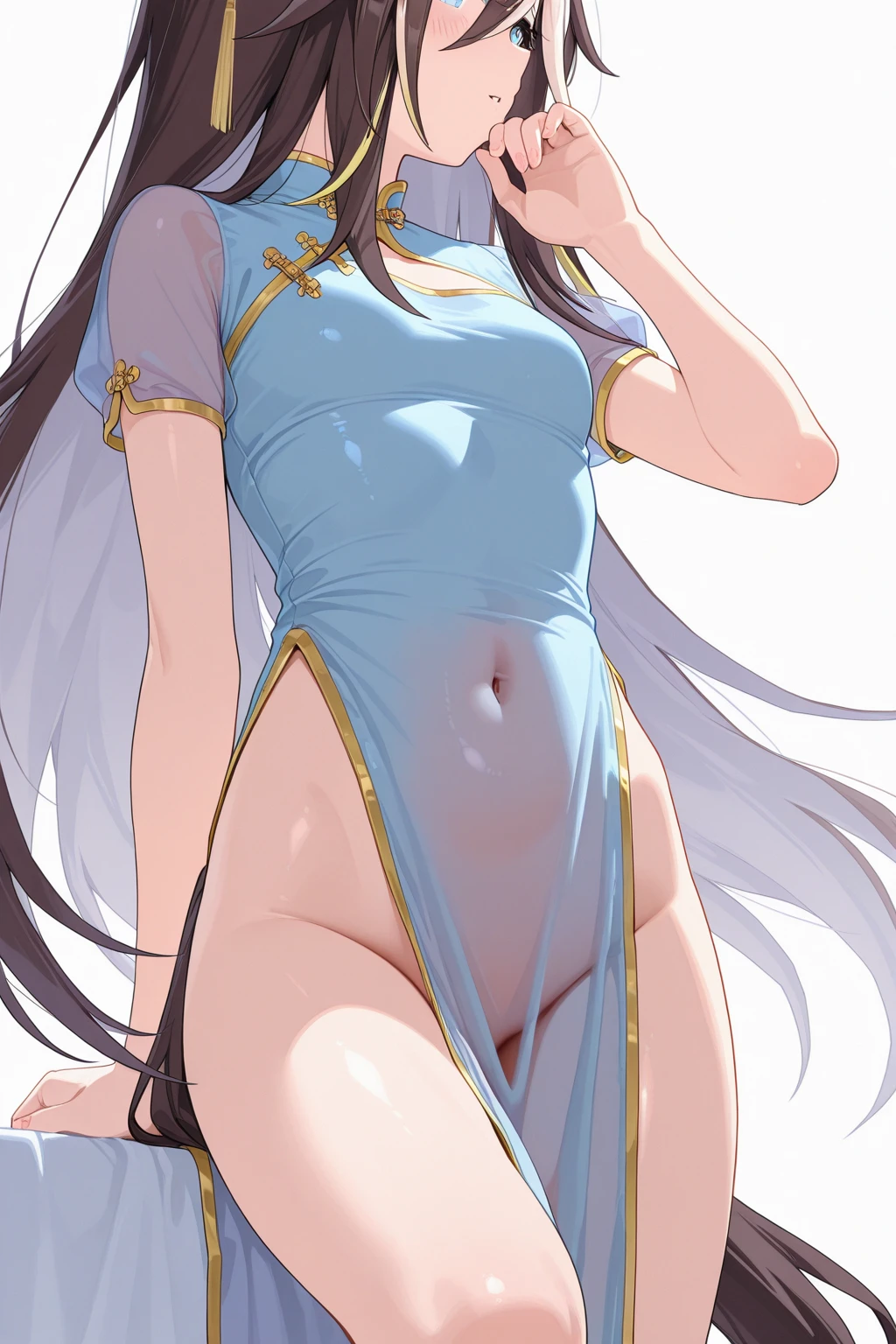 Browsing Caution:1.6,((highest quality)), ((masterpiece)), (detailed), Perfect Face,裸のcute日本の女の子、stand up、1 person、Normal chest、cute smile、(whole body、Completely naked:1.5)、highest quality, shape, Super detailed, finely, High resolution, 8k wallpaper, 完璧なダイナミックな構shape, detailed and beautiful eyes, iris、Natural color lip, 20-year-old girl、cute、Small Japanese-style hair ornament、Beautiful eyes that are detailed and mischievous,cute poses、whole bodyショット、Hair Bun，Angle from below the front、(Angle from the legs,Legs are too long,Hands on hips,Images showing exaggerated long legs:1.3)
