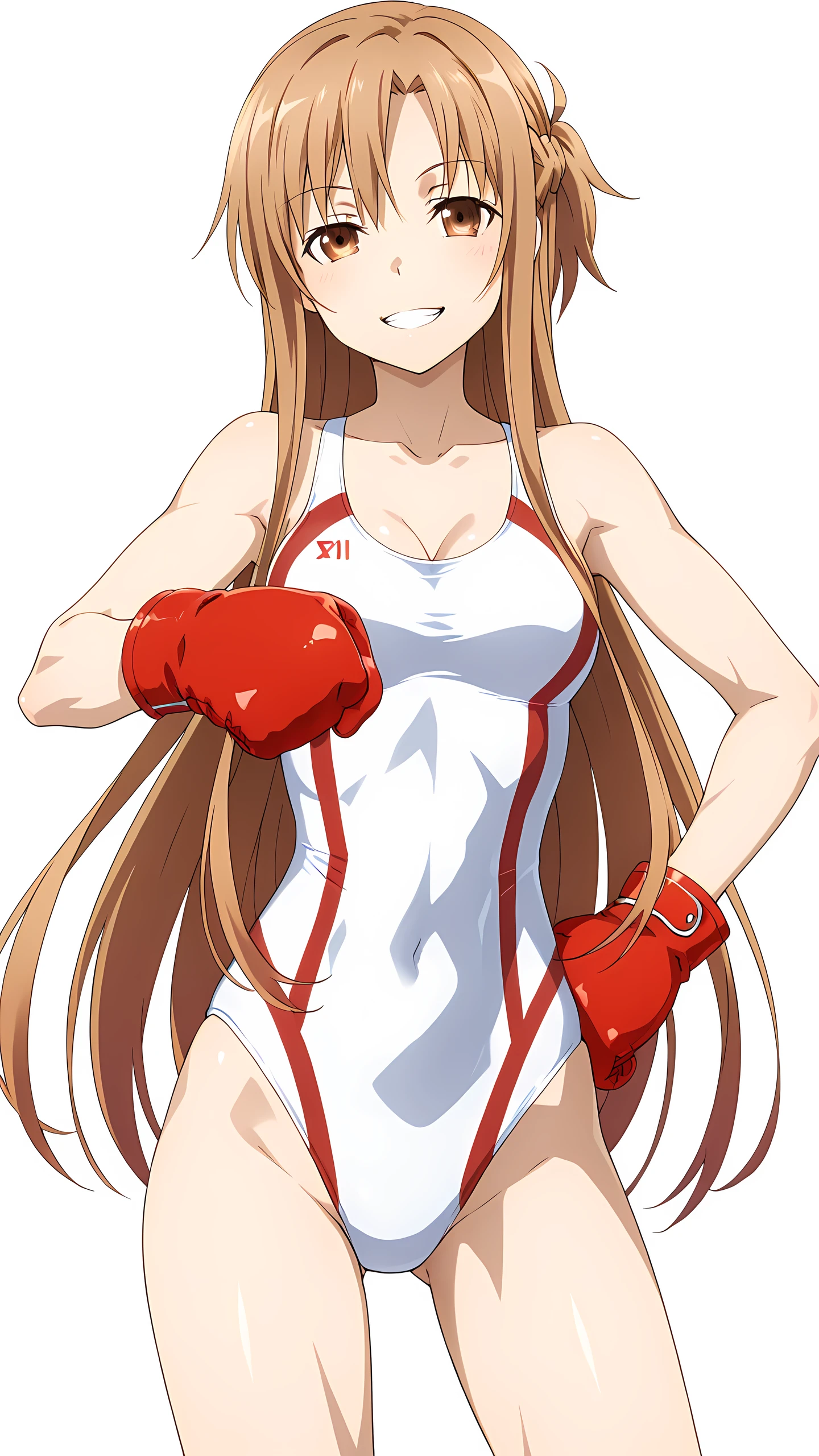 asuna_\(sao\), long_hair, brown_hair, brown_eyes,, cleavage, solo, (white competition swimsuits, boxer gloves), provocative grin, (toned slim body, slim waist), bare thigh, looking at viewer, extremely detailed eyes and face, hand on hip, focus torso, cowboy shot, (white background),