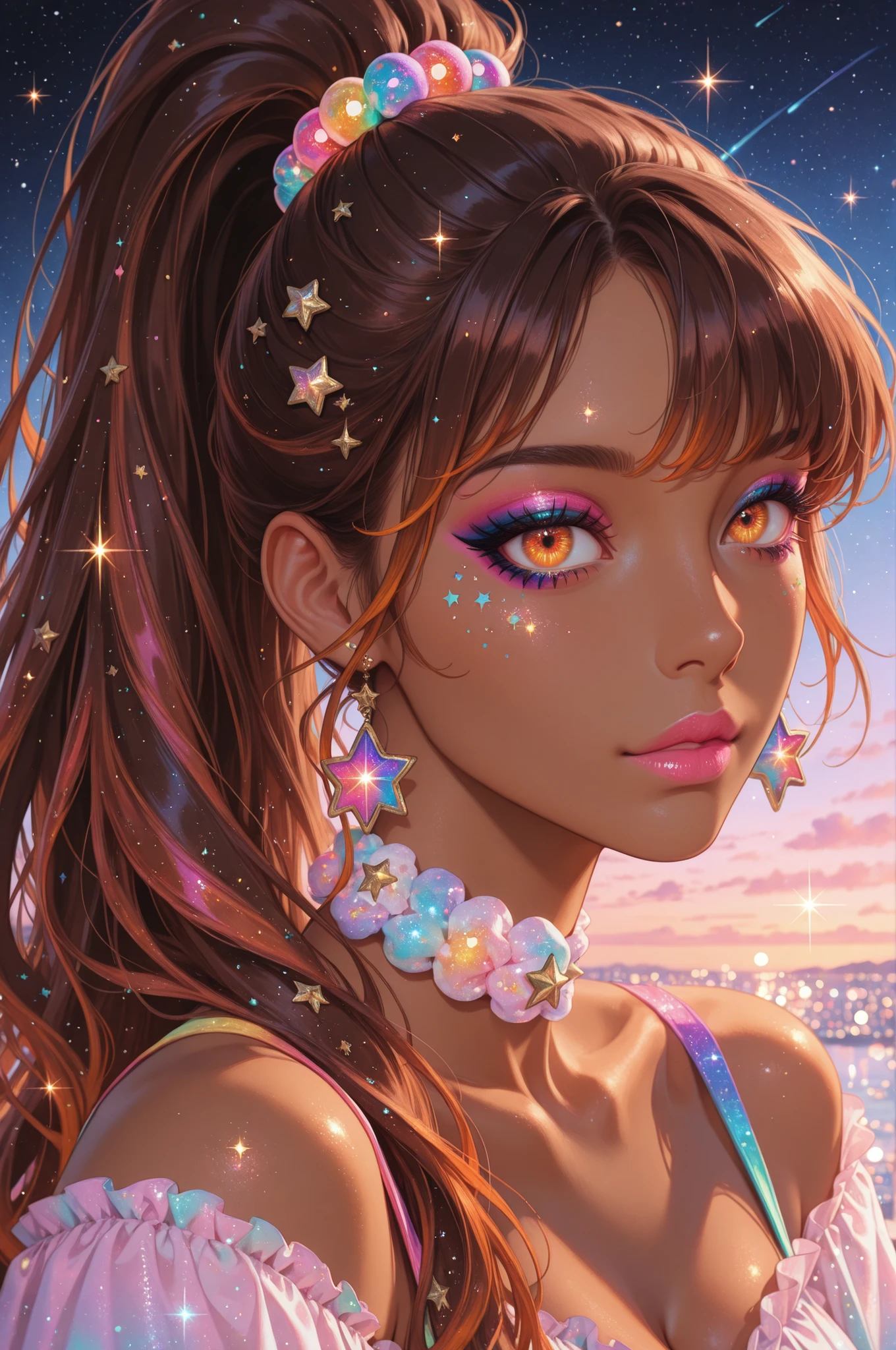 1girl, tan skin, brown hair, bright jeweled amber eyes, pink lips, hair in high ponytail, wearing cute mix matched rock outfit, colorful makeup, eyeshadow, lots of colors, stars, scribbles, glitter, soft, pastel, colorful, detailed, details, masterpiece, high quality, best quality, ultra details, amazing, stunning, illustration