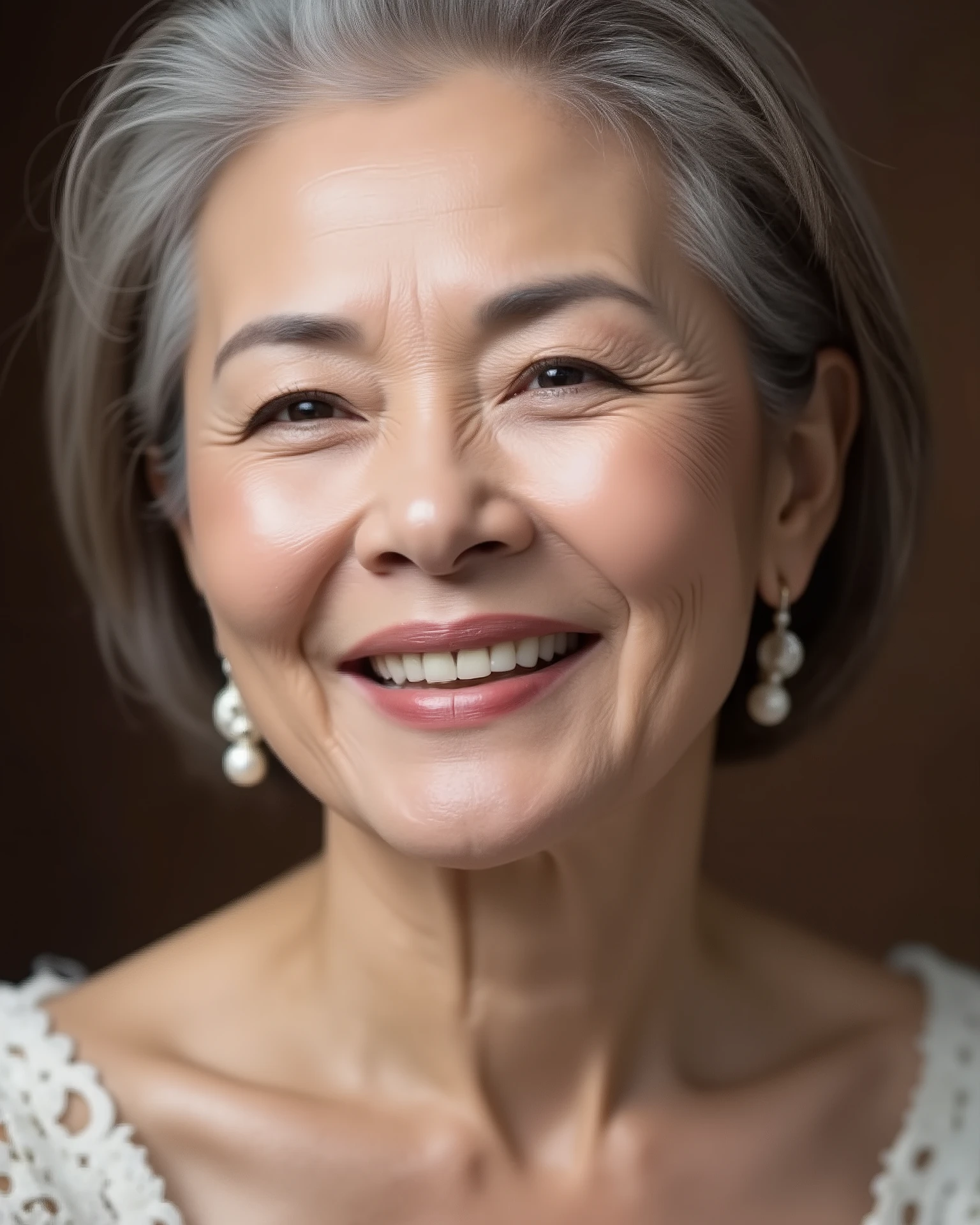 Japanese mature woman, solo, seductive aura, sensual expression, elegant and confident, soft lighting, visible wrinkles around eyes and mouth, natural aging signs, age 80s, realistic skin texture, slight sagging skin, high detail, photorealistic, studio portrait, age-appropriate hairstyle, natural look