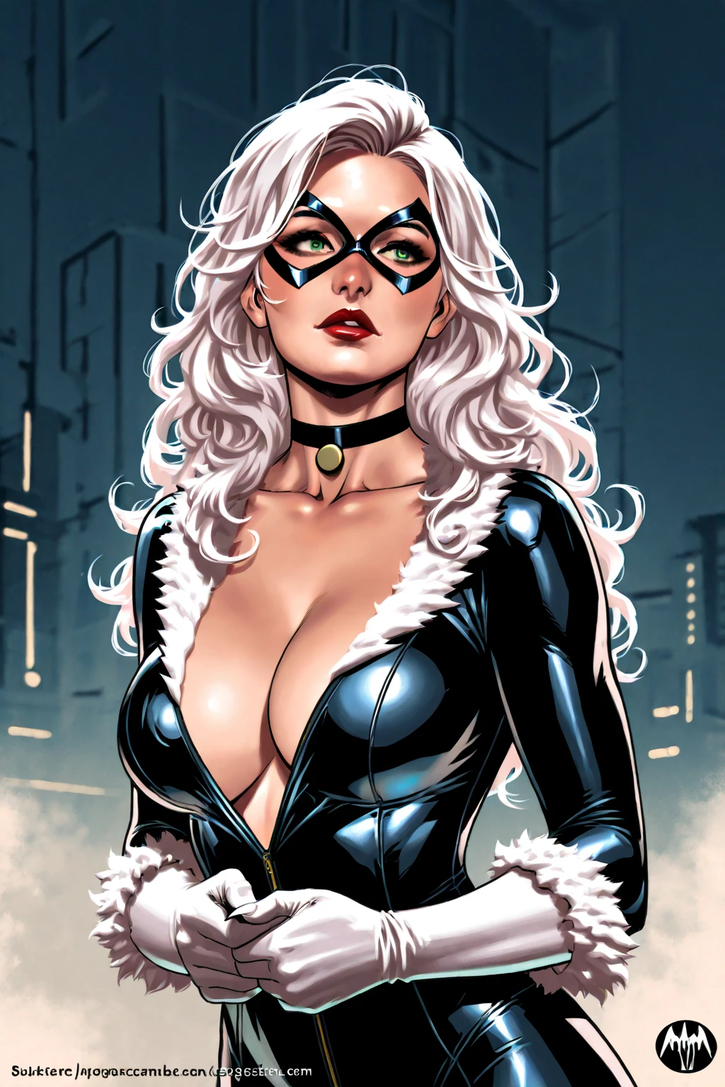 straight-on,upper body,looking at viewer, BREAK, CARTOON_felicia_blackcat_ownwaifu, www.ownwaifu.com, long hair,white hair,lipstick,blue eyes,makeup,lips,large breasts,collarbone,red lips,claws,very long hair, mask,,domino mask,gloves,choker,white gloves,collar,superhero,black ,fur trim,cleavage,skin tight,zipper,spiked collar,unzipped,jewelry,black choker,,shiny,center opening, BREAK, official art,extremely detailed CG unity 8k wallpaper, perfect lighting,Colorful, Bright_Front_face_Lighting,shiny skin, (masterpiece:1.0),(best_quality:1.0), ultra high res,4K,ultra-detailed, photography, 8K, HDR, highres, (absurdres:1.2), Kodak portra 400, film grain, blurry background, (bokeh:1.2), lens flare, (vibrant_color:1.2),professional photograph, (beautiful_face:1.5), Protruding Breasts, Torpedo boobs, Hypermuscular Body, Very muscular girl, Super Huge Biceps, ripped muscles, White long hair