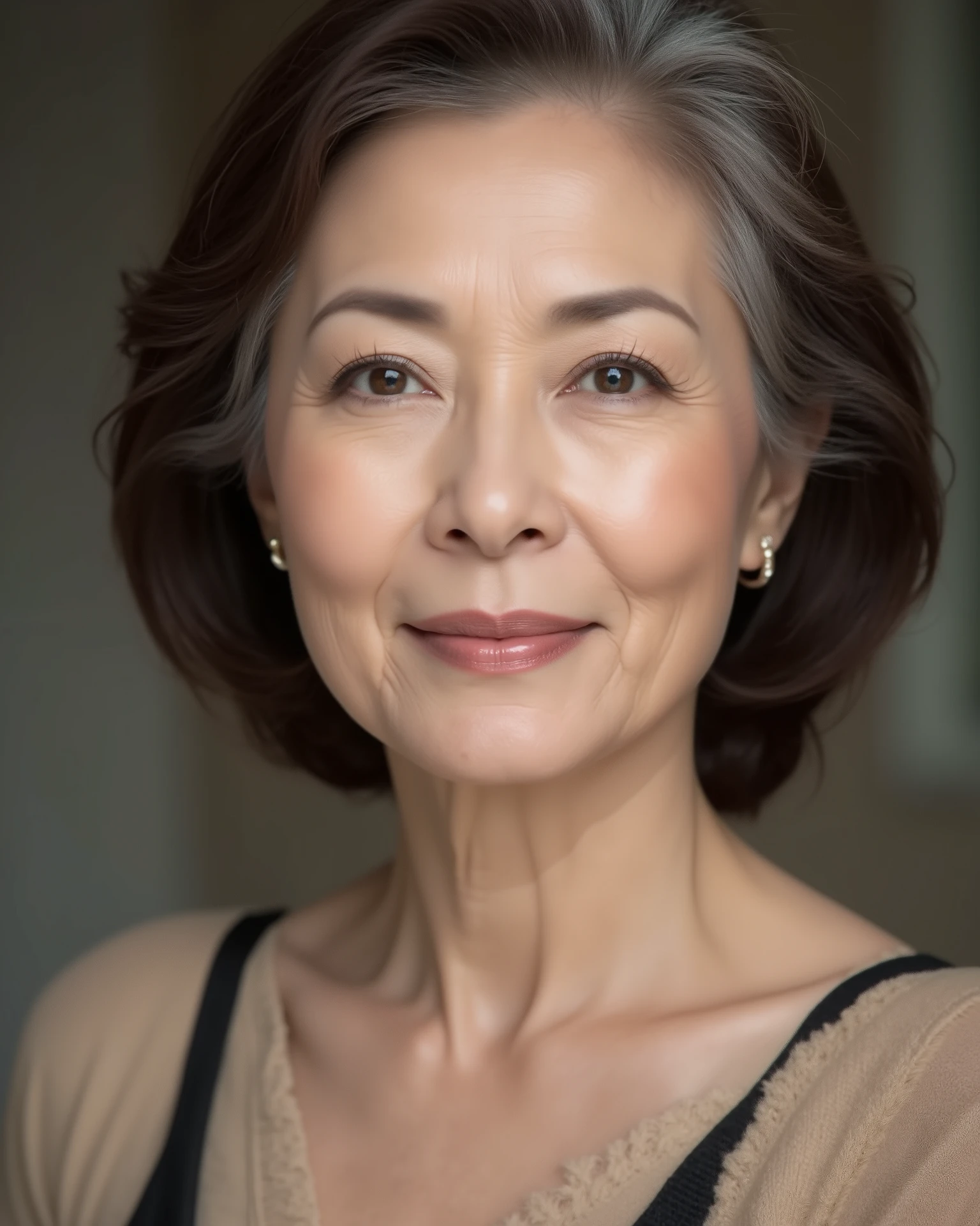 Japanese mature woman, solo, seductive aura, sensual expression, elegant and confident, soft lighting, visible wrinkles around eyes and mouth, natural aging signs, age 80s, realistic skin texture, slight sagging skin, high detail, photorealistic, studio portrait, age-appropriate hairstyle, natural look