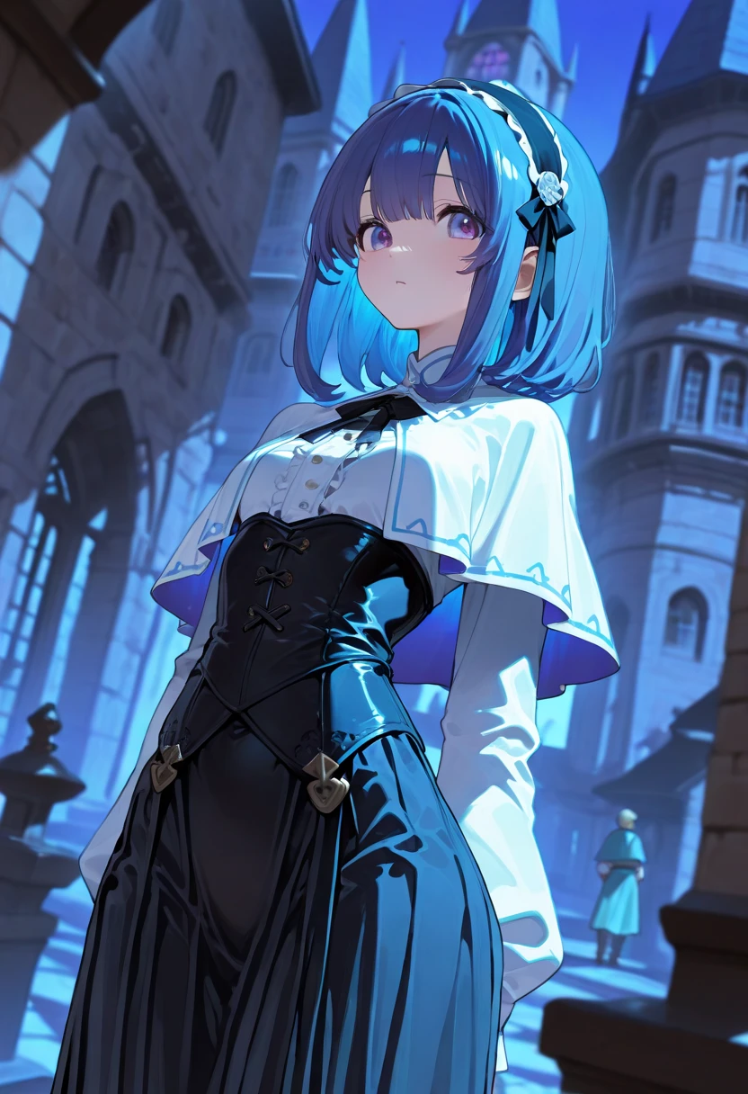 ((Masterpiece), (Best Quality)) (super detailed), (disheveled hair), photography, masterpiece, best quality, wallpaper, 1girl, 1 girl, solo, full-body, standing, fair-skinned, crystal clear clear skin, soft skin, short cut, ashime bob, sky blue hair, hair over one eye, long side hair, discreet ahoge, sky blue eyes, delicate light eyes, pretty girl, very pretty face, baby face, small face, 5 feet (152 cm) Small stature, drooping eyes, pink lips, delicate and slender, small breasts, small A-cup breasts, five fingers, smiling, looking at the viewer, looking at the camera, blush, embarrassed, shoulder-out, white knee-length dress, corset, dark blue poncho, detailed fabric texture, braided boots, dagger suspended at the waist, anime, game, medieval Europe, half-timbered building, Western-style building, cobblestone, blue sky, dynamic clouds, ( Twilight, (Dramatic Lighting)), (Soft Focus) (Vivid Colors), (Mysterious Atmosphere), Colorful, Global Illumination, Very Delicate and Beautiful, Best Shadows, Shallow Depth of Field, Vivid Colorful Paintings, Dramatic Shadows, Dramatic Lighting, Cinematic Composition, Sharp Focus, (8K), (4K), Highly Detailed, Complex, Highly Detailed