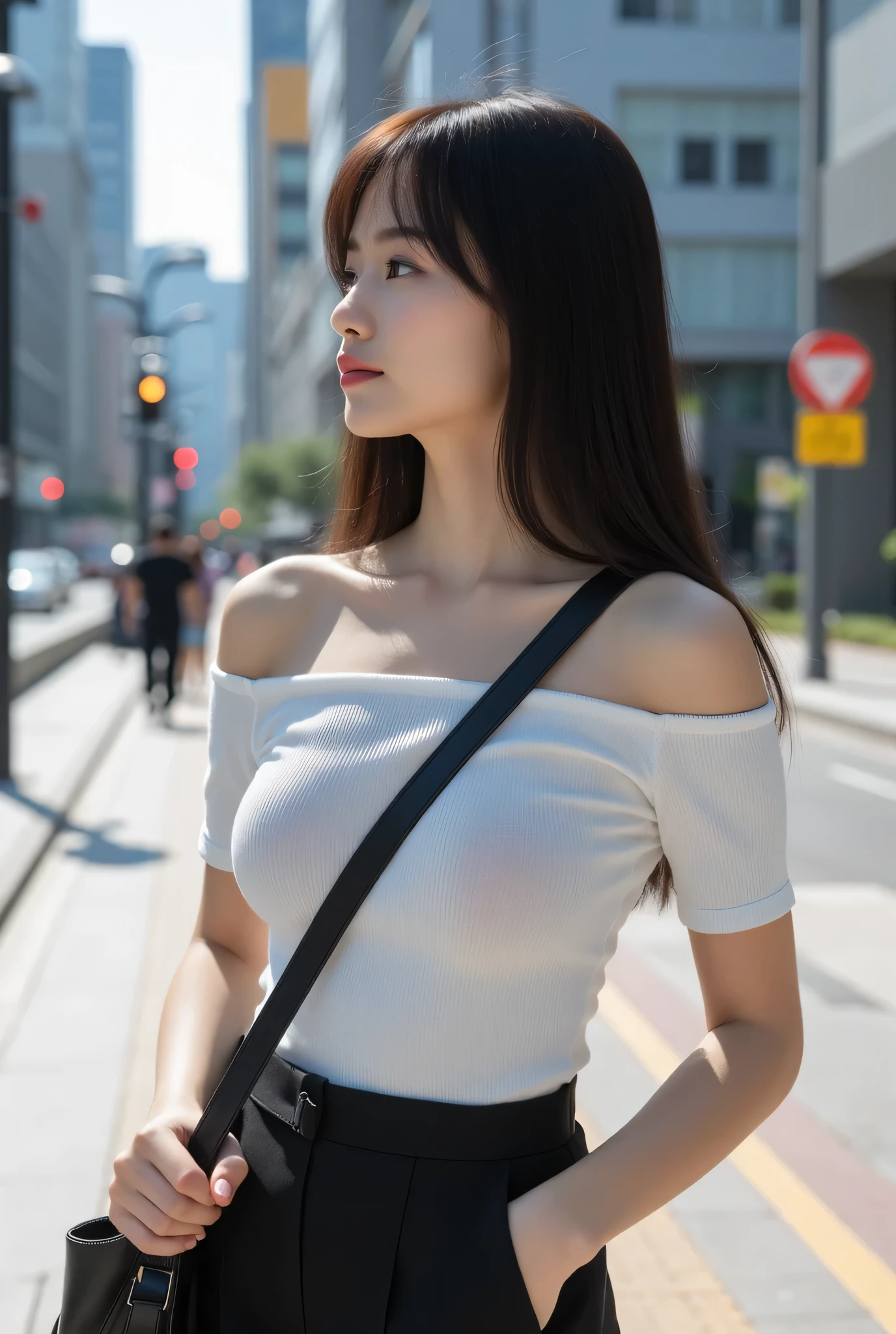 A packed train in tokyo, office ladies commuting to work, suits, people standing so close together that their bodies are touching, ((full body)), ((photo)), ((best qualtiy, 8K, tmasterpiece:1.3)), Focus:1.2, perfect figure beautiful girl:1.4, 1girl, cowboy shot, look at viewer, incredibly absurd, beautiful and cute girl with a photorealistic face, showcasing top-quality craftsmanship, A Japanese woman looking cramped on a crowded train, 20 years old, long dark brown hair that falls to her shoulders, long shiny hair, with bangs, side parted hairstyle, brown eyes, round face, small nose, cherry red lips, bright smile, white teeth, smooth skin, healthy complexion, small ears, natural eyebrows, long eyelashes, slim, well-balanced proportions, moderate muscle, slim waist, round , supple limbs, short nails, beautiful C cup , white blouse, black tight skirt, heeled pumps, silver necklace and bracelet, black belt, pretty older woman, beautiful, neat, soothing, cute voice, polite, kind-hearted, responsible, positive, optimistic, sociable, good communication skills, April