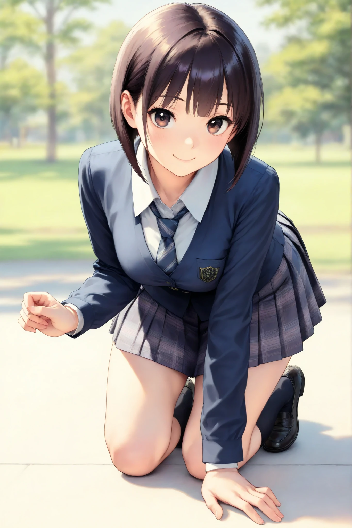 Beautiful School Girls,shirt,necktie,Plaid Skirt,dark haired,inverted bob,uniform,((on all fours)),Smile,4 fingers,anime style,high definition,High Quality,has a shallow depth of field,extremely fine,Colored pencil drawing,full body shot,リアルなuniformデザイン,Careful skin texture depiction,Premium Gloss ,Delicate Textures,natural shading,Light Pastel,sophisticated color scheme,