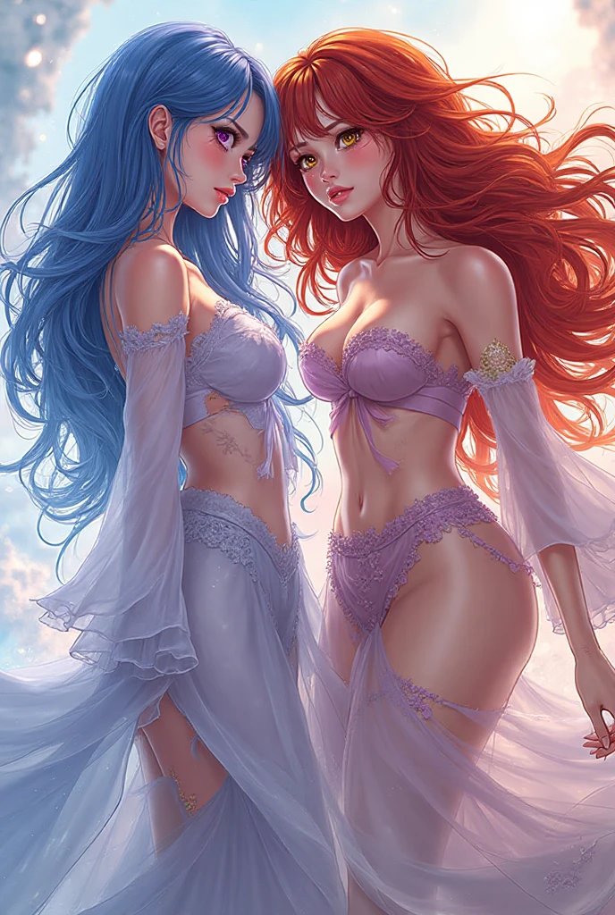 Masterpiece,bestquality,flat colour,night, 2girl,lingerie multi colored,ONLY panties,sexy,perfect boobs,no cloth BREAK,perfect face,perfect body,full body,closed eyes,COLORED HAIR,LONG HAIR,Curly hair,BREAK,looking each other,face to face,talking,look focus,BREAK,magic circle on the ground, with thunder,thunder arround them BREAK,they are on the top of a mountaine pic,snow,there is a tempest in the background