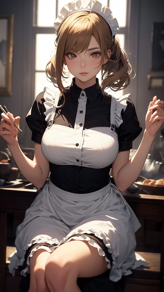 1 girl, curvy girl, , green corset, white  shirt, white opened shirt, ,  slips, big , tan akin, long curly blonde, huge grey eyes, short red tartan skirt, , , (((sexy posing, dynamic pose))), indoors, old kitchen.