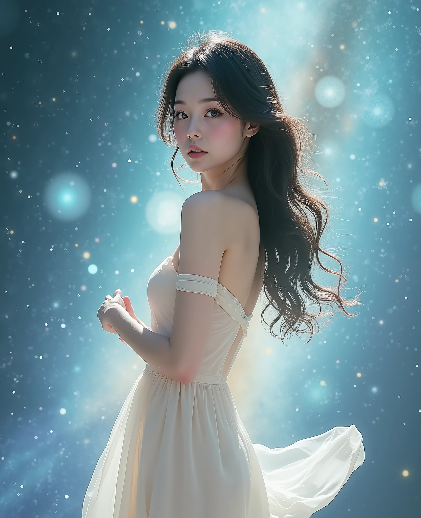 (best quality,highres,masterpiece:1.2),ultra-detailed,translucent ethereal figure of a woman floating in a captivating celestial space,organic flowing lines,subtle glowing aura,vivid colors,soft pastel tones,sublime lighting effects,celestial bodies and stars,cosmic dust particles,faint nebulae,ethereal diaphanous dress,graceful and fluid body posture,loose flowing hair,long curled lashes and captivating eyes