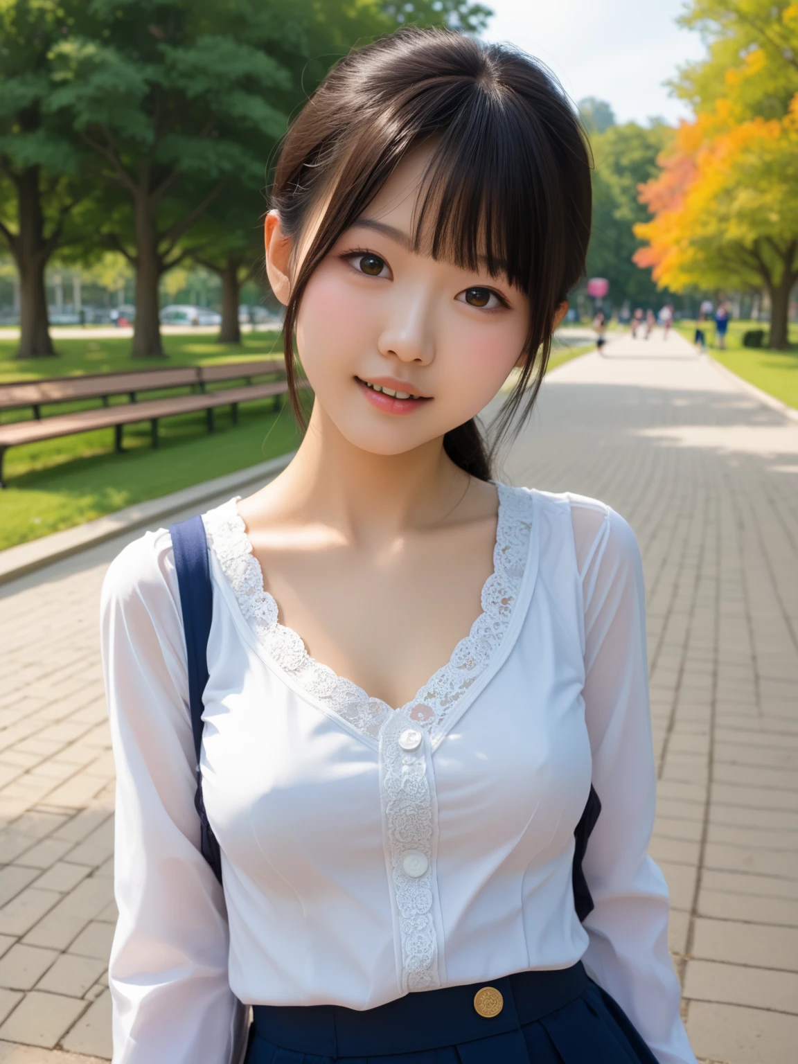 ((Highest quality)), ((masterpiece)), (detailed), Perfect Face, A 20-year-old girl who is as cute as an idol, A kind smile, very cute、Female police officer, Police uniform, はCleavageが見えるデザイン、Cleavage、I'm wearing a 、、Cleavage,  whole body, whole body像、City Sidewalk, Genuine stick, Genuine、Genuine