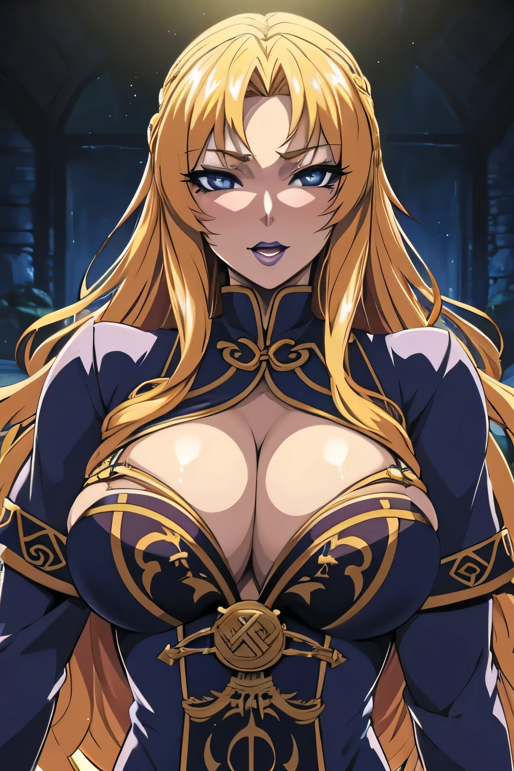anime style, upper body portrait, seductive and evil female druid mage, tailed alluring eyes, glamorous voluptuous body, wearing celtic mage robe with subtle nazi-inspired design cues, long wavy blond hair, mystical runic accessories, dark lipstick, mysterious elegant aura, photorealistic anime lighting, masterpiece, 8k, high quality, depth of field, atmosphere of evil and ritual