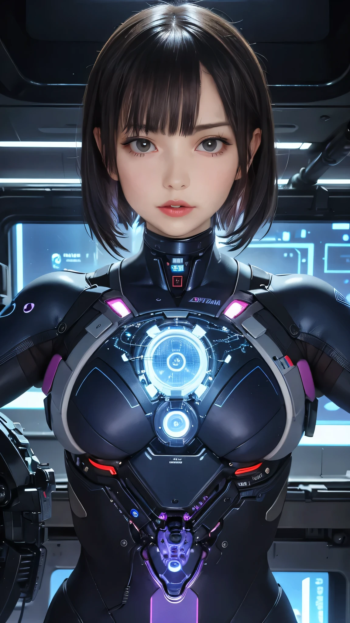 (Masterpiece: 1.21), (Best Quality), Highly Detailed, Ultra Detailed, 1 Short Hair Girl, (Glowing Eyes: Blue, Dark Purple Battle Suit: 1.2, Elongated Ears: 0.8), (Cyberpunk: 1.2, Lightsaber Handheld: 1.2), (Fantasy Landscape: 1.2, Natural Daylight: 1.5, Confident Emoji), (Panorama: 1.2), Smile, Angle, Alita, Sky City in the background