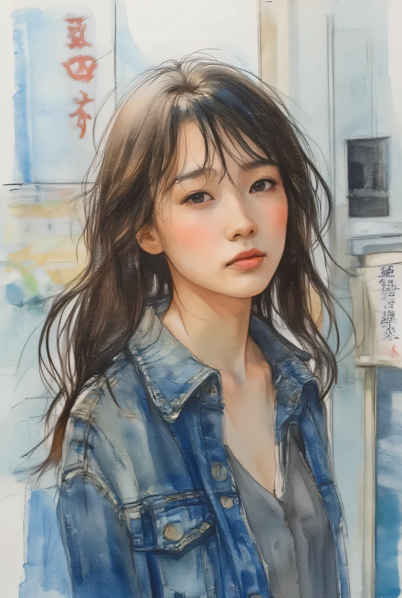 top quality、Japanese edits Vivien Tam photos [Woman] 、WITH VERY EYES of black color with brown hair  、[Red and Blue] , Expressive Texture, photorealistic techniques for conducting a web conference on a computer,  パソコンでWEB会議を行なっている、vibrant colorful palette , 32k uhd, fluid and dynamic brushstrokes, realistic ultra-high definition portraits,  Hard Paintings, , Incredibly Beautiful 、urban sketching & travel sketching、Shepherdess Ribo、charcoal drawing