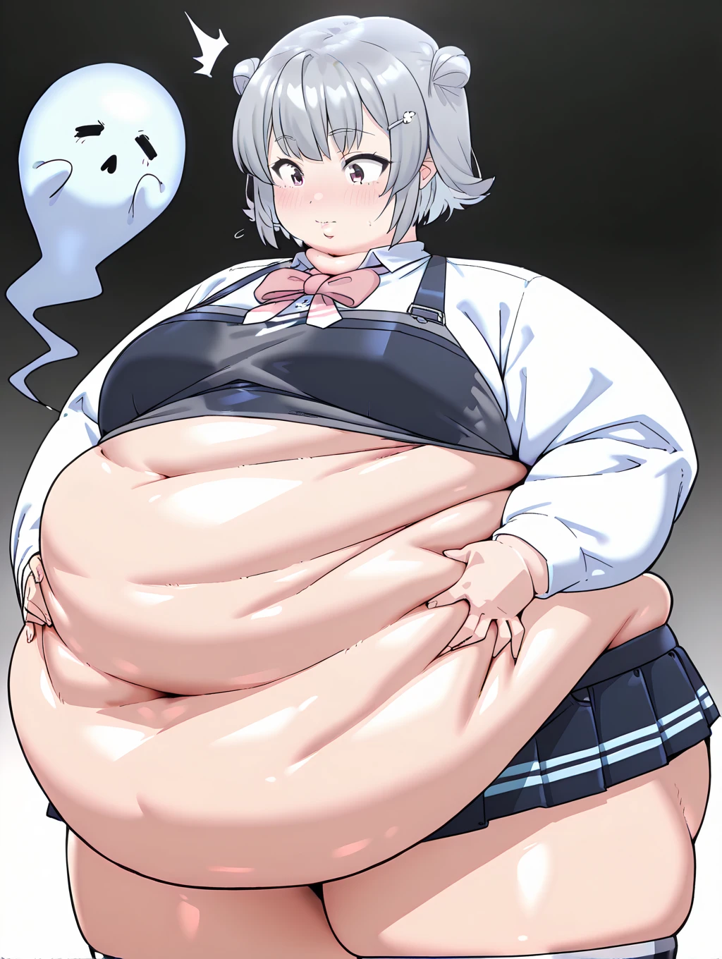 highest quality, (masterpiece:1.2), 
alone,open your mouth、 smile,A 40-year-old Japanese woman with black hair、very short hair、Mother、part your bangs in the middle、I can see the forehead, (huge breasts)、bobbed hair
(white tight knit、Vertical sweater、gray long skirt)
Are standing, looking at the viewer,I can see the whole body、from the front、pregnant woman、troubled face、blush、(Sweat:1.5)