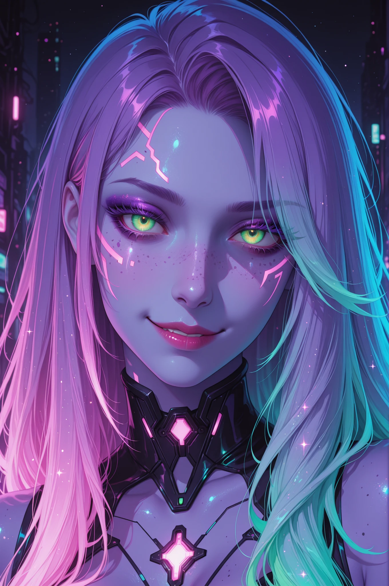 digital illustration of a female character with an anime-inspired style, glowing purple skin and hair that transitions from pink at the top to green at the tips. She has large, expressive green eyes with long purple eyelashes and dark glittered eyeshadow, her face is adorned with pink and purple freckles. Her expression is slightly mischievous, with a subtle smirk. The background is dark, emphasizing the neon glow of her skin and hair, creating a vivid, otherworldly atmosphere. aesthetic neon, cyberpunk-inspired art style with a focus on vibrant, luminous colors and detailed facial features.