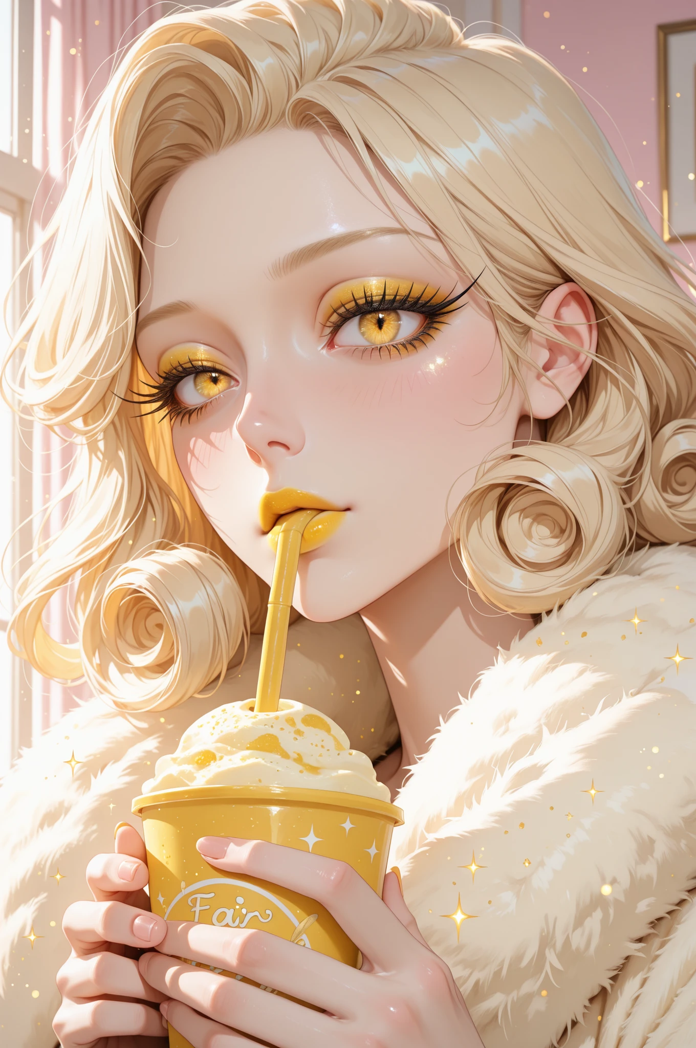 (Close-up portrait of a woman:1.2), (fair skin:1.3), blonde curly hair, wearing yellow glitter eyeshadow, full bright yellow lips, sipping from a yellow smoothie, holding a yellow smoothie cup, a yellow feathered boa, (long eyelashes:1.3), (detailed features:1.3), soft blush on cheeks, sparkling effects, (soft lighting:1.2), (pastel color scheme:1.1), vector style , (digital art:1.1), dreamy atmosphere, studio lighting, (high resolution:1.2)