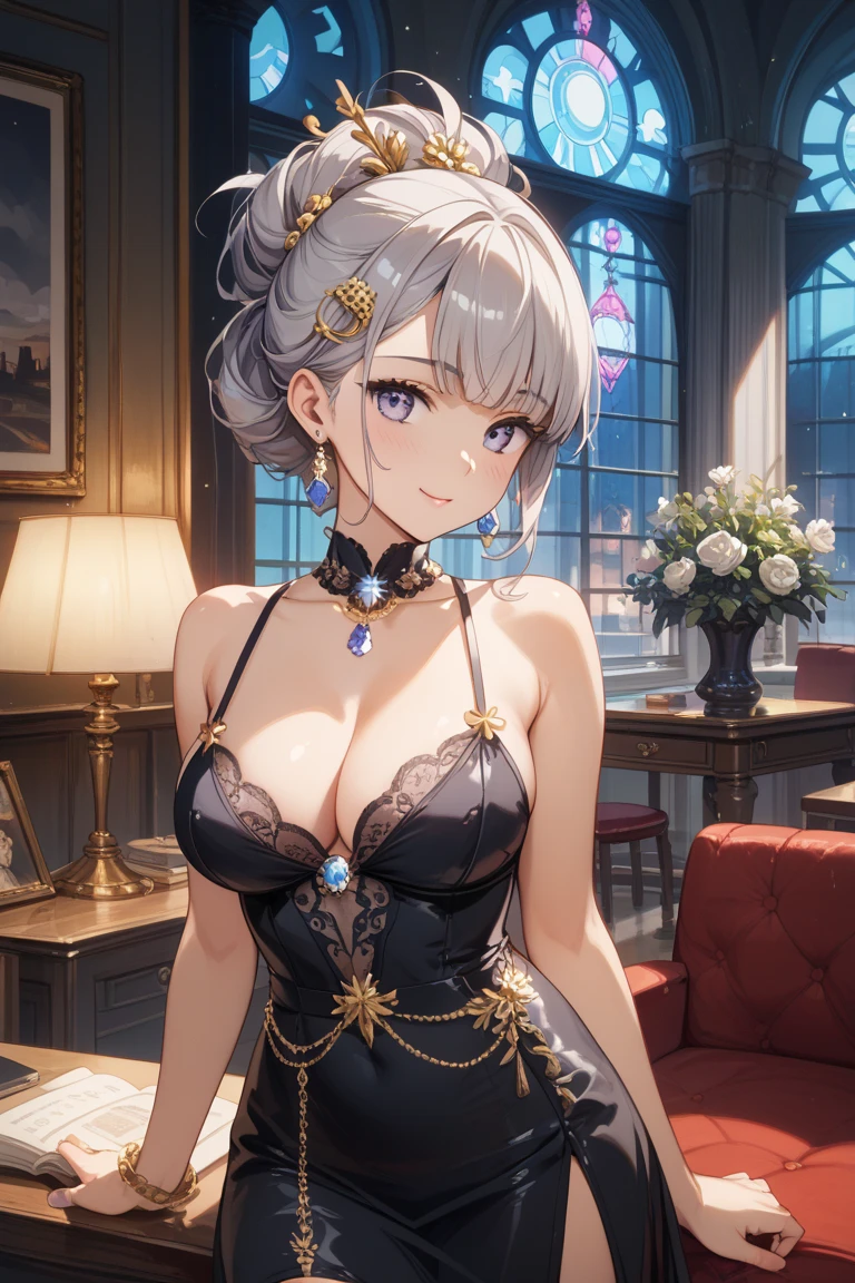 girl with short hair, square, big breasts, White hair color, juicy poles and ass, beautiful aristocratic face, an aristocrat, 8K, gold jewelry, stern face, queen, quality eyes