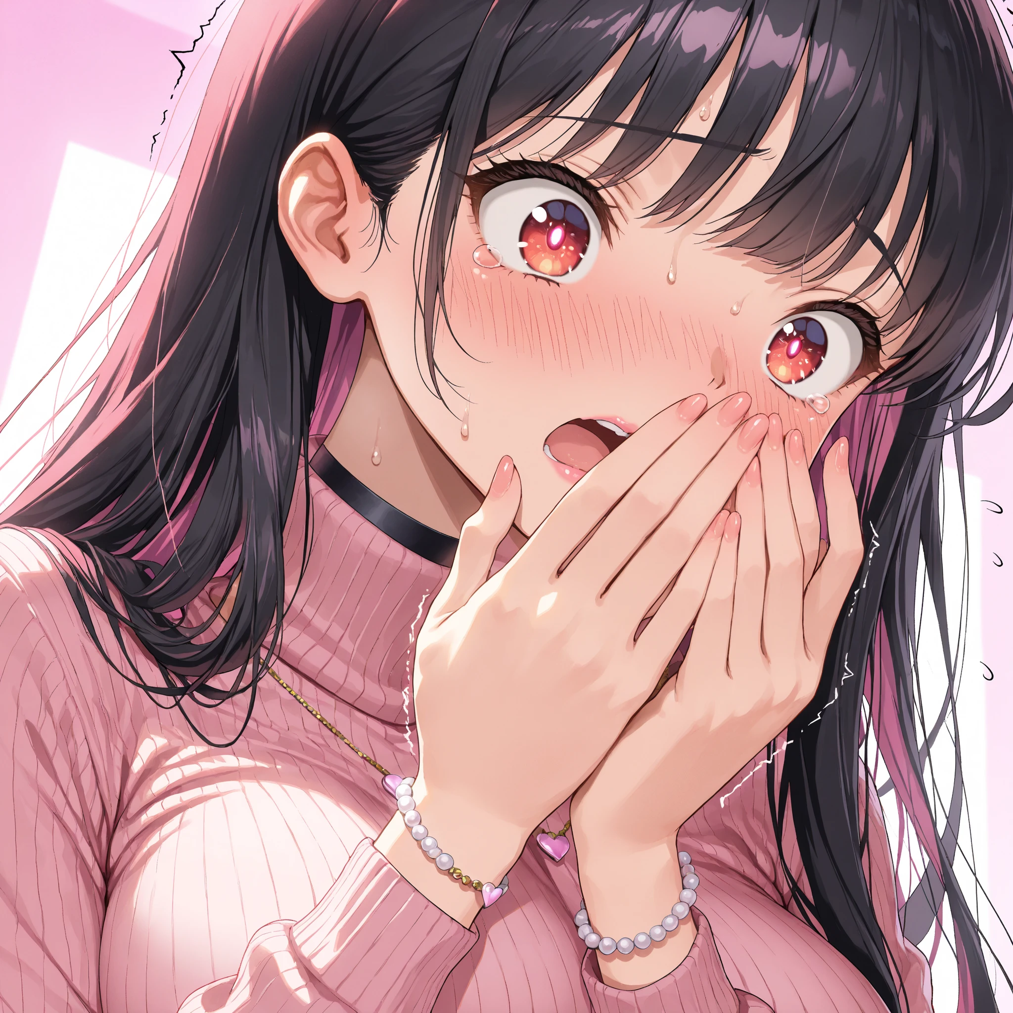 Anime girl Latifa opens her mouth with both hands and extends her outside while she is on her knees