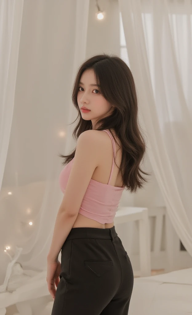 (((pink collared police officer shirt))),((( side ))),((( inner thigh and pink over-kneehighs))),(((show pink ))),(((wear a pink tie and cleavage pink cutout))),(((wear a regulation pink police cap and pink micro miniskirt lift:1.5))),((( shoulders and detached sleeves))),ulzzang-6500-v1.1, (Raw photo:1.2), (Photo realistic:1.4), a beautiful detailed girl, extremely detailed eye and face, beautiful detailed eyes, ultra-detailed, High resolution, top-quality, ​masterpiece, highly detailed, 8k wallpaper, Wonderful, finely detail, top-quality, Light on the face,电影灯光,1girl in,(prison bedroom),Beautiful eyes,smile,Opening Mouth