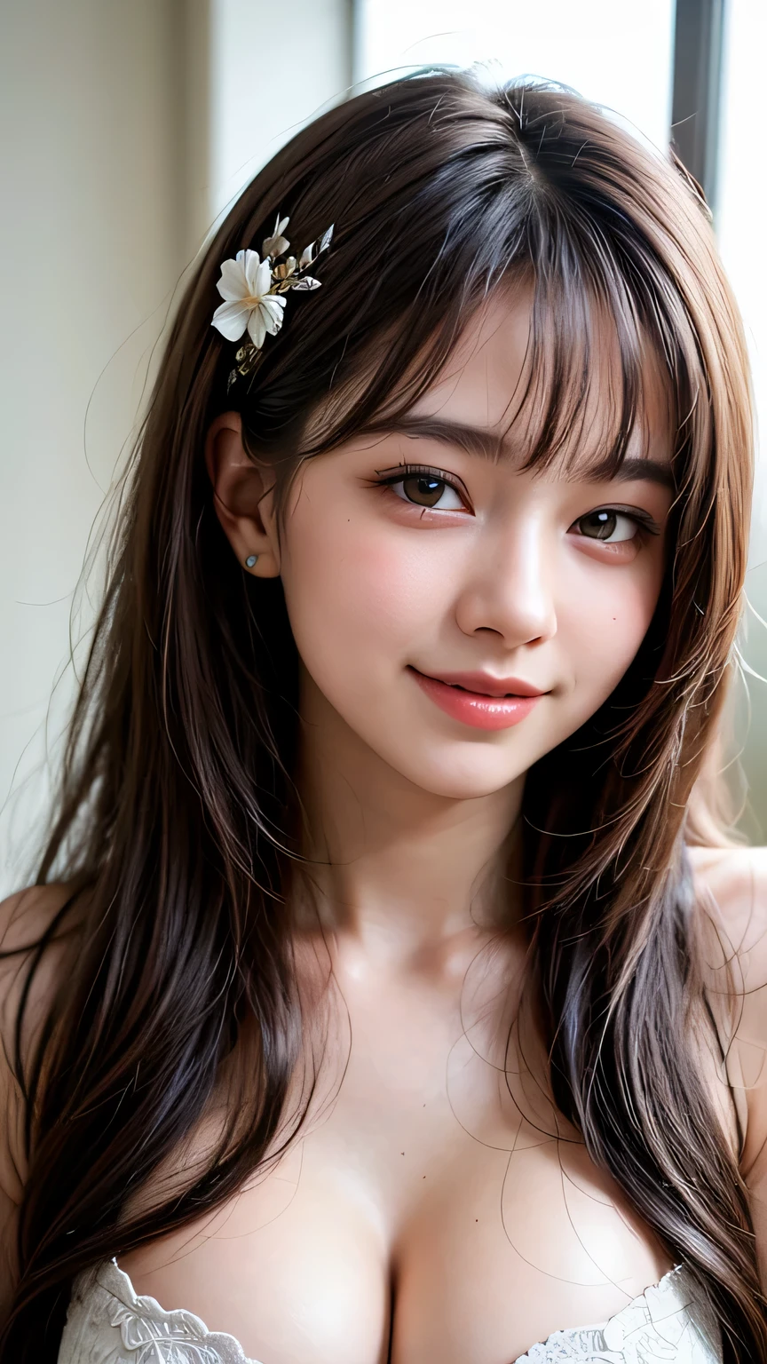 14years、(8K、top-quality、​masterpiece:1.2)、(reallistic、Photorealsitic:1.37)、The ultra-detailliert、女の子1人、Beautie、cute little、独奏、(Redness of the nose)、(a smile:1.15)、(With mouth closed) 、beautidful eyes、(Long:1.2)、Floating Hair NovaFrog Style、The upper part of the body