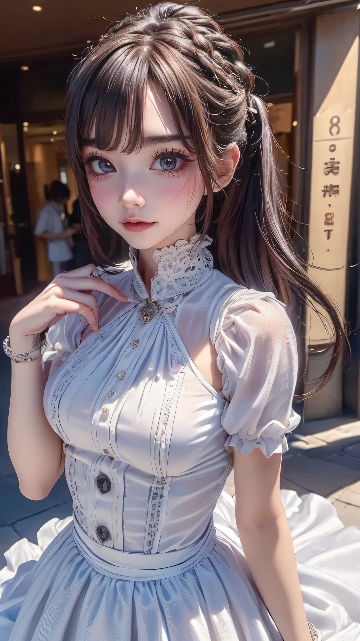 (Masterpiece, BestQuality:1.3), (ultra detailed:1.2), (hyperrealistic:1.3), (RAW photo:1.2), High detail RAW color photo, professional photograph, (Photorealistic:1.4), (realistic:1.4), professional lighting, perfect , (:1.2), (blush, detailed face), (Giddy Smile:1.8), Trending Hair&Trending Hairカラーをランダムに, earrings, necklace, bracelet, sexly, sexly, Random gravure poses, (A beautiful pink-haired woman wearing a white lace blouse and denim skirt、She is smiling and posing while strolling through a flower field.。:1.3)