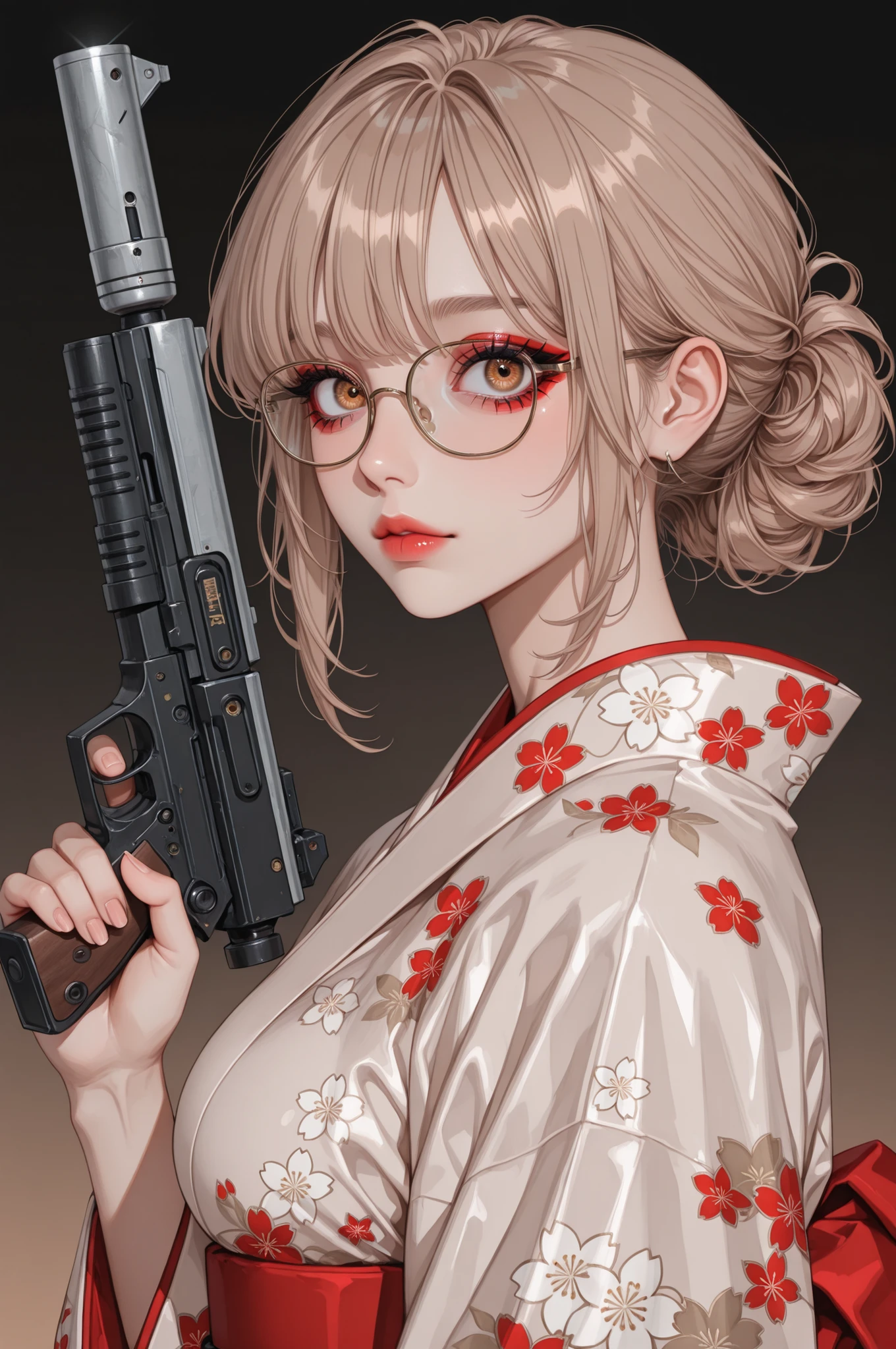 1girl, robotic soldier, posing, light brown hair, glasses,cute style,manwha, Kimono, best quality,soft and aesthetic,aegyo sal, big eyes, red eyeliner, cute face, beautiful eyes, soft gloss lips, solo, focus face,solo, beautiful eyes, holding a gun, gradient background