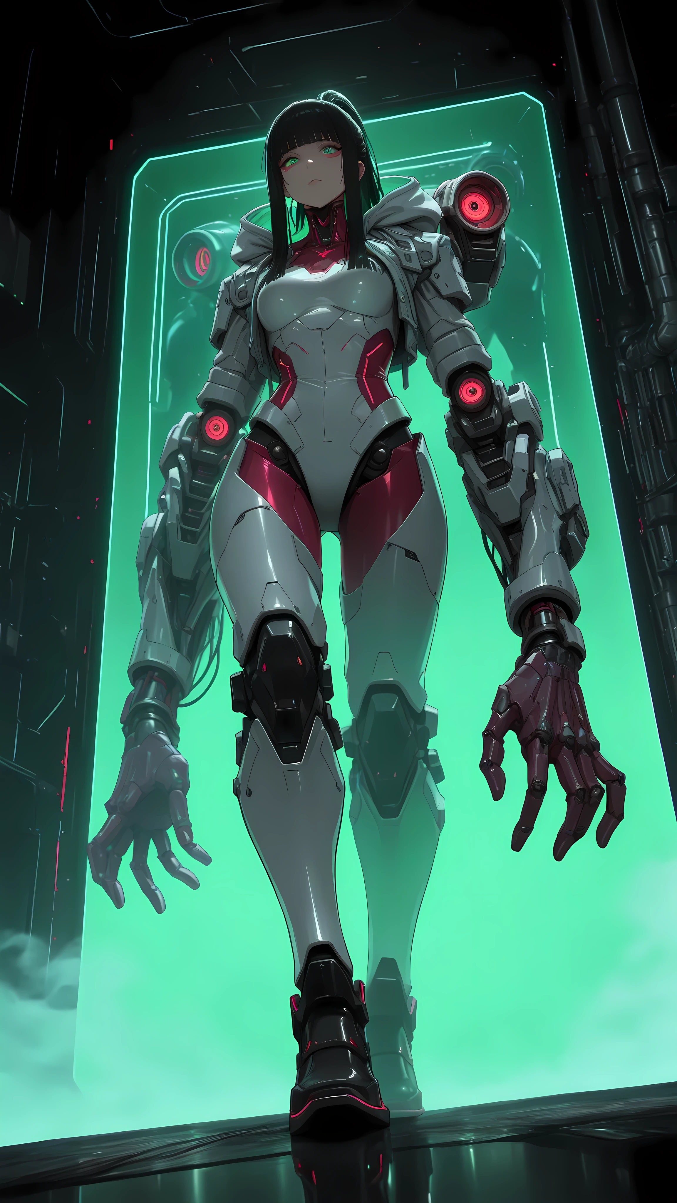 MoriCalliope, long hair, hime cut,MoriQSuit, long hair, white colors, electric dreamland, long hair, hime cut,3DMM,anime,cyberpunk,wide angle interior dim blue green lighted background,uzzlanggirl,1girl,korean,brave perspective,hands crossed , perfect hazel eyes,masterpiece 1.2 , best quality, incredibly absurdres, highres, 1girl, black hair, sidelocks, short ponytail, long hair,(masterpiece, detailed:1.2) cyberpunk hacker girl lost in liminal hyper space, in white fog she is dammn dangerous (cyberpunk 2077) monochrome earie noir vintage japan cyberpunk atmosphere, full body futuristic- a stunning young girl android rebel femme fatale pirate with survival high tech, pouches, tech ware, when void wows to surrender , prodigy, arogance, biomechanical arms with semi transparent skin showing mechanisms of robot,white gray, hood vibe, cool dope noble dark knight armor details, heavy fog mood, , inteligent rebel, resistance movement . , 32k UHD high resolution, highres, professional photography, intricate details, masterpiece, perfect , cinematic angle , cinematic lighting, , UHD Official work, techwear,, long hair, (masterpiece, best quality, amazing quality, detailed background, intricate details,intricate,absurdres, very aesthetic:1.2),The composition is a vertical portrait, emphasizing the character’s imposing presence and technological integration. hyper-realistic, shadow light play , psychological, philosophical warfare ,intricate details, cinematic angle , cinematic lighting, , perfect textures, profesional model, ,noir highest quality, photography, RAW photo, official poster , fitting poster arangement. perfect , cinematic side angle , cinematic lighting, she is so adorable i cant belive!