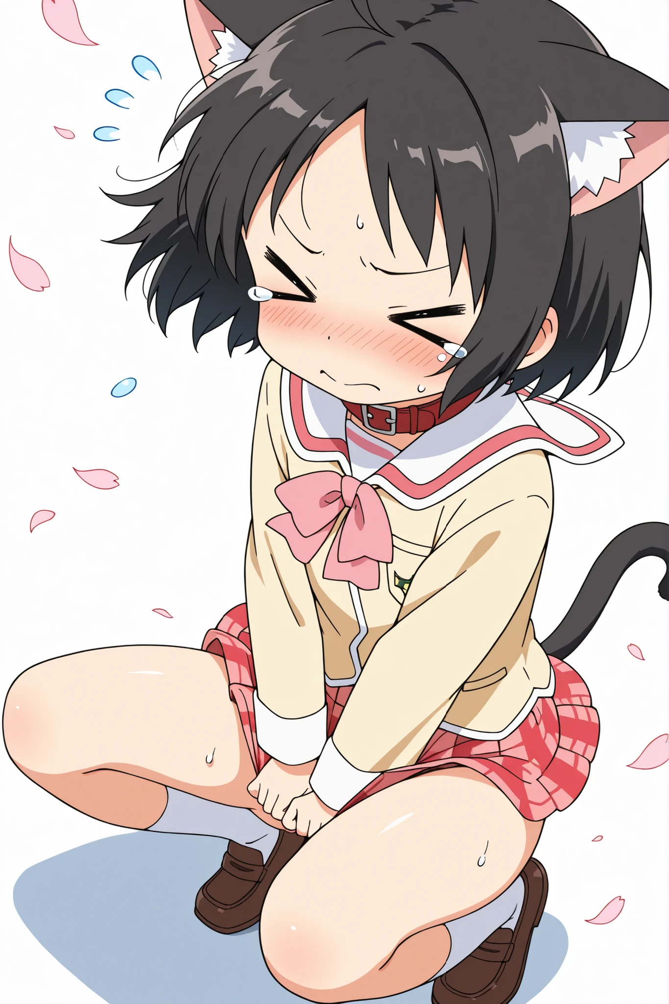 (nsfw),(from above),((anime style)),(face crose up),(ahoge),score_9, score_8_up, score_7_up, source_anime,nano shinonome,yasuna oribe,((dramatic angle)),black short hair,(middle parted hair),(((((> <))))),(wavy closed mouth),(black hair),black Cat ears,black Cat tail,(((Skirt flipped up by cat's tail))),((red leather collar)),1woman,(((solo))),((((((mini skirt)))))),((ass visible through thighs)),((A glimpse of her thighs)),white sox,brown loafers,((knees up)),long sleeves,yellow school uniform, plaid, red skirt, plaid skirt, tokisadame school uniform,((no panty)),blush,(tears),v-shaped eyebrows,sweat,((flying sweatdrops)),((((skirt tug)))),((((wind)))),((((squatting)))),toddler,
(((Skirt flipped up by the wind))), wind,((white background)),Flying petals,