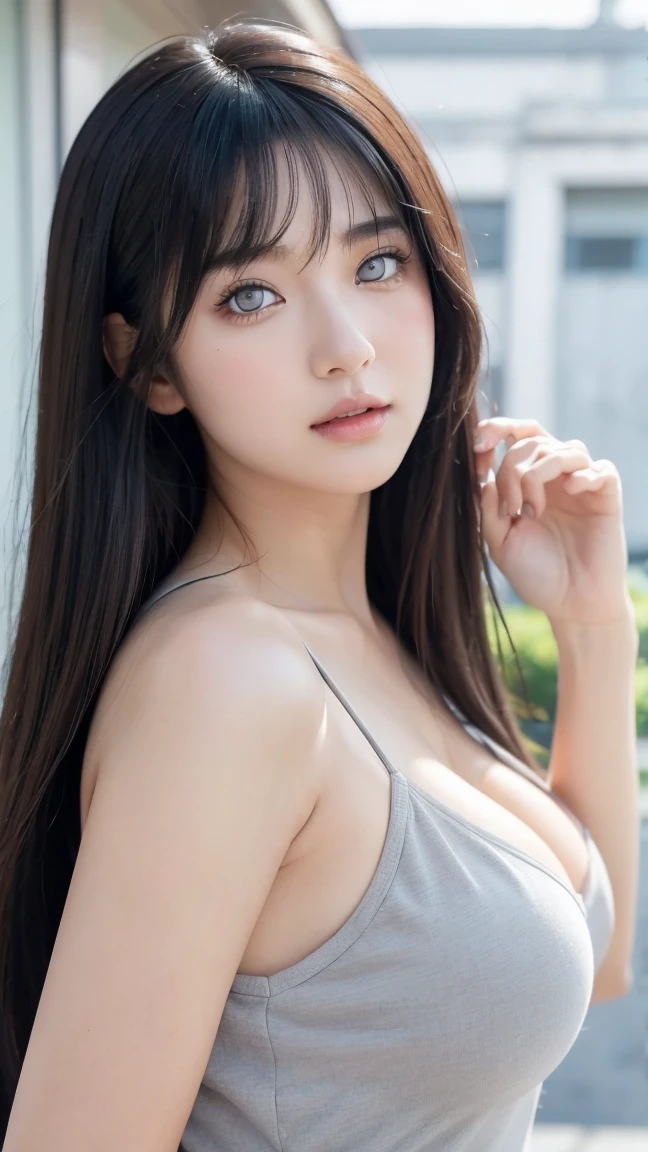 (8k, Best Quality, Masterpiece:1.2), (Realistic, Photorealistic:1.37), Ultra Detail, 1 Girl,Cute,Solo,Beautiful Detailed Sky,Date,(Blush),(Smile:1.15),(Closed Mouth)Small Breasts,Beautiful Detailed Eyes,(Long Hair: 1.2),Floating Hair NovaFrogStyle, Upper Body, Tank Top