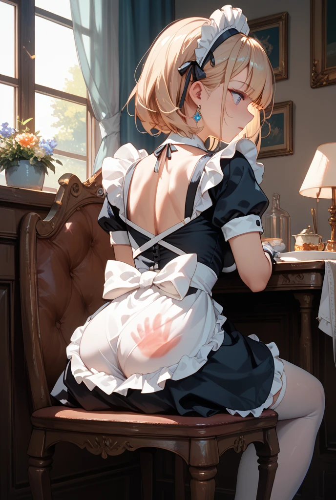 30 year old woman spreads her  and 、Buttocks close up，cocked ass，Angry look、、、Taken from below、low angles、Focus on the buttocks、1 Lady, Solo, (masutepiece), Best Quality、bobhair、Beige hair、Freckles on the face、Smaller chest、B Cup、absurderes、​masterpiece、top-quality、realisitic、Hyper-detailing、(skin gloss、Sweatiness:1.4)、((Looking at the camera))、(Light blue maid clothes)、long、((Hairstyle that reveals the forehead、a short bob、Beige hair))、dark brown eyes