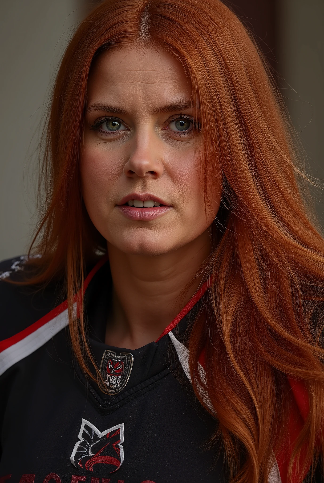 Mulher , Straight Wavy Red Hair Wearing Black and Red American Football Uniform Looking at the camera 