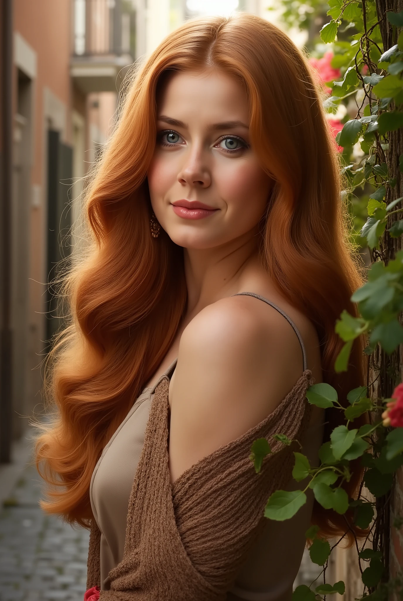mulher , Smooth and wavy red hair in a village in Italy 