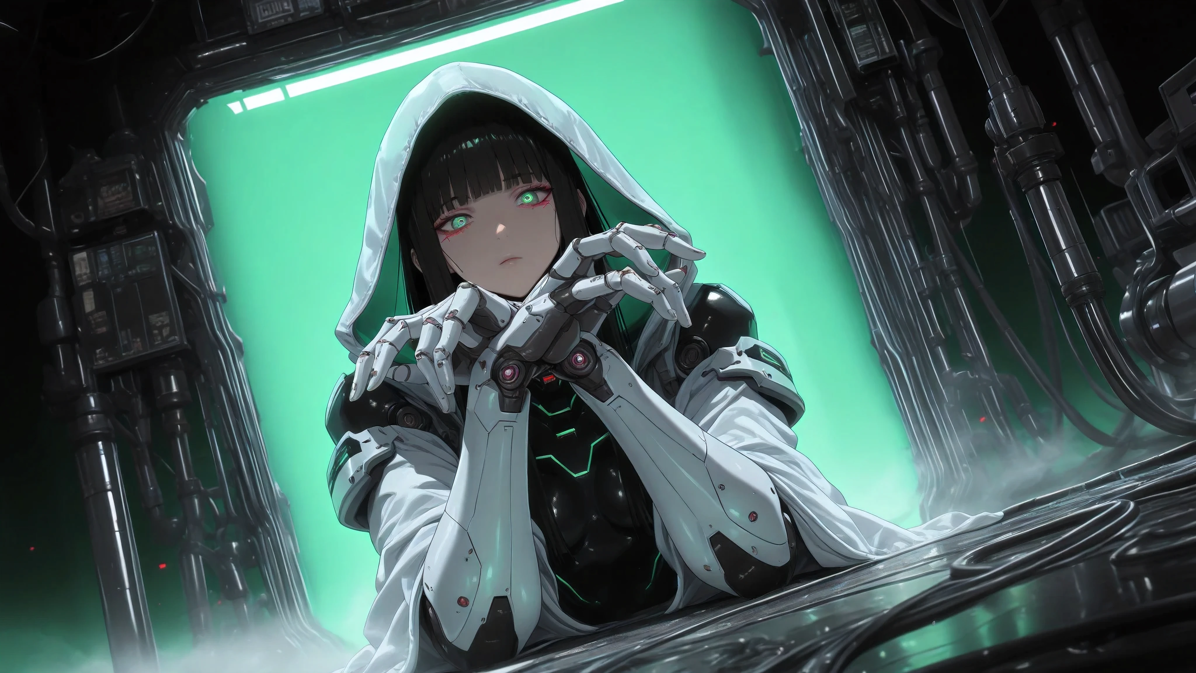 MoriCalliope, long hair, hime cut,MoriQSuit, long hair, white colors, electric dreamland, long hair, hime cut,3DMM,anime,cyberpunk,wide angle interior dim blue green lighted background,uzzlanggirl,1girl,korean,brave perspective,hands crossed , perfect hazel eyes,masterpiece 1.2 , best quality, incredibly absurdres, highres, 1girl, black hair, sidelocks, short ponytail, long hair,(masterpiece, detailed:1.2) cyberpunk hacker girl lost in liminal hyper space, in white fog she is dammn dangerous (cyberpunk 2077) monochrome earie noir vintage japan cyberpunk atmosphere, full body futuristic- a stunning young girl android rebel femme fatale pirate with survival high tech, pouches, tech ware, when void wows to surrender , prodigy, arogance, biomechanical arms with semi transparent skin showing mechanisms of robot,white gray, hood vibe, cool dope noble dark knight armor details, heavy fog mood, , inteligent rebel, resistance movement . , 32k UHD high resolution, highres, professional photography, intricate details, masterpiece, perfect , cinematic angle , cinematic lighting, , UHD Official work, techwear,, long hair, (masterpiece, best quality, amazing quality, detailed background, intricate details,intricate,absurdres, very aesthetic:1.2),The composition is a vertical portrait, emphasizing the character’s imposing presence and technological integration. hyper-realistic, shadow light play , psychological, philosophical warfare ,intricate details, cinematic angle , cinematic lighting, , perfect textures, profesional model, ,noir highest quality, photography, RAW photo, official poster , fitting poster arangement. perfect , cinematic side angle , cinematic lighting, she is so adorable i cant belive!