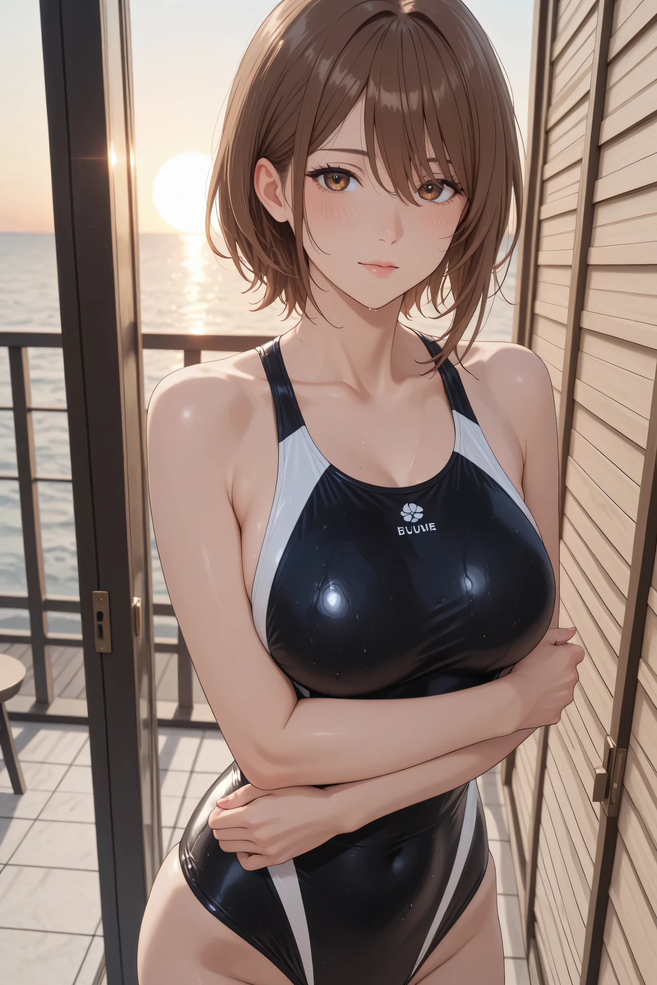 While basking in the morning sun on the balcony of a、Japanese woman with medium brown hair、while basking in the morning sun on the Balcony of a luxury resort hotel、Balcony、Kiss me deeply、women and men、高級リゾートホテルのBalconyで朝の太陽を浴びながら、A Japanese woman with medium brown hair wearing a swimsuit、wearing a black and white swimsuit hugging a man in a swimsuit violently