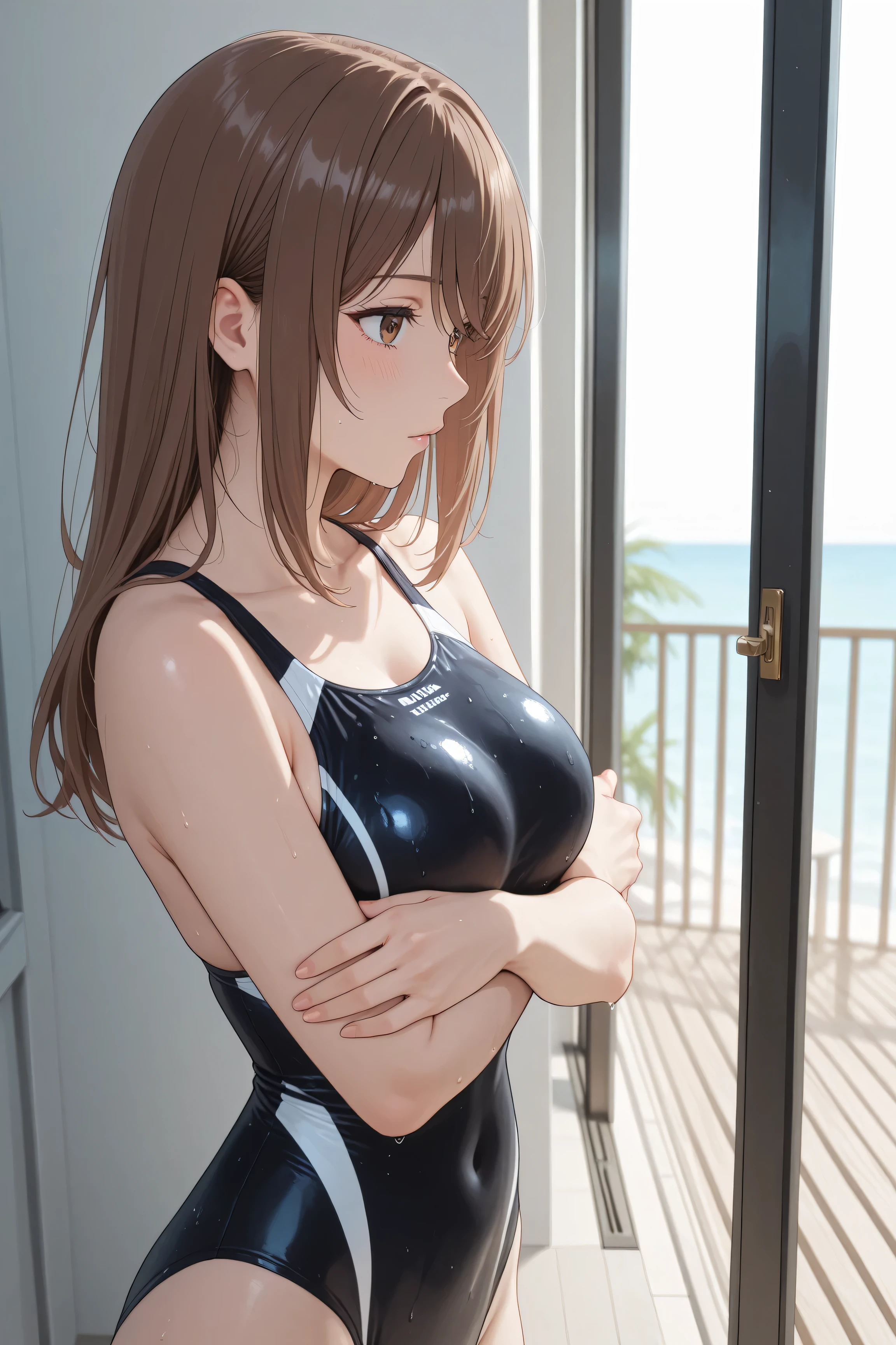 While basking in the morning sun on the balcony of a、Japanese woman with medium brown hair、while basking in the morning sun on the Balcony of a luxury resort hotel、Balcony、Kiss me deeply、women and men、高級リゾートホテルのBalconyで朝の太陽を浴びながら、A Japanese woman with medium brown hair wearing a swimsuit、wearing a black and white swimsuit hugging a man in a swimsuit violently