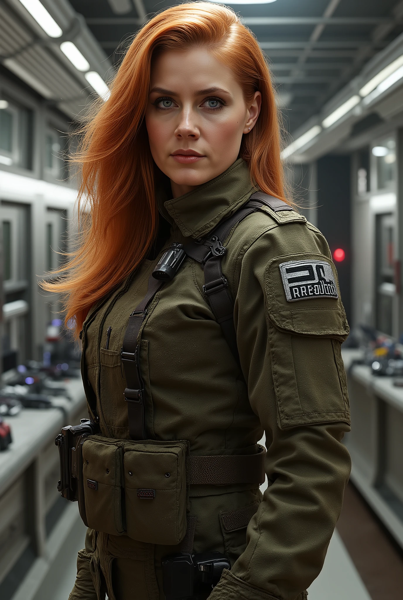 mulher , Smooth and wavy red hair wearing Call Of Duty style army uniform, Ambiente Futurista 