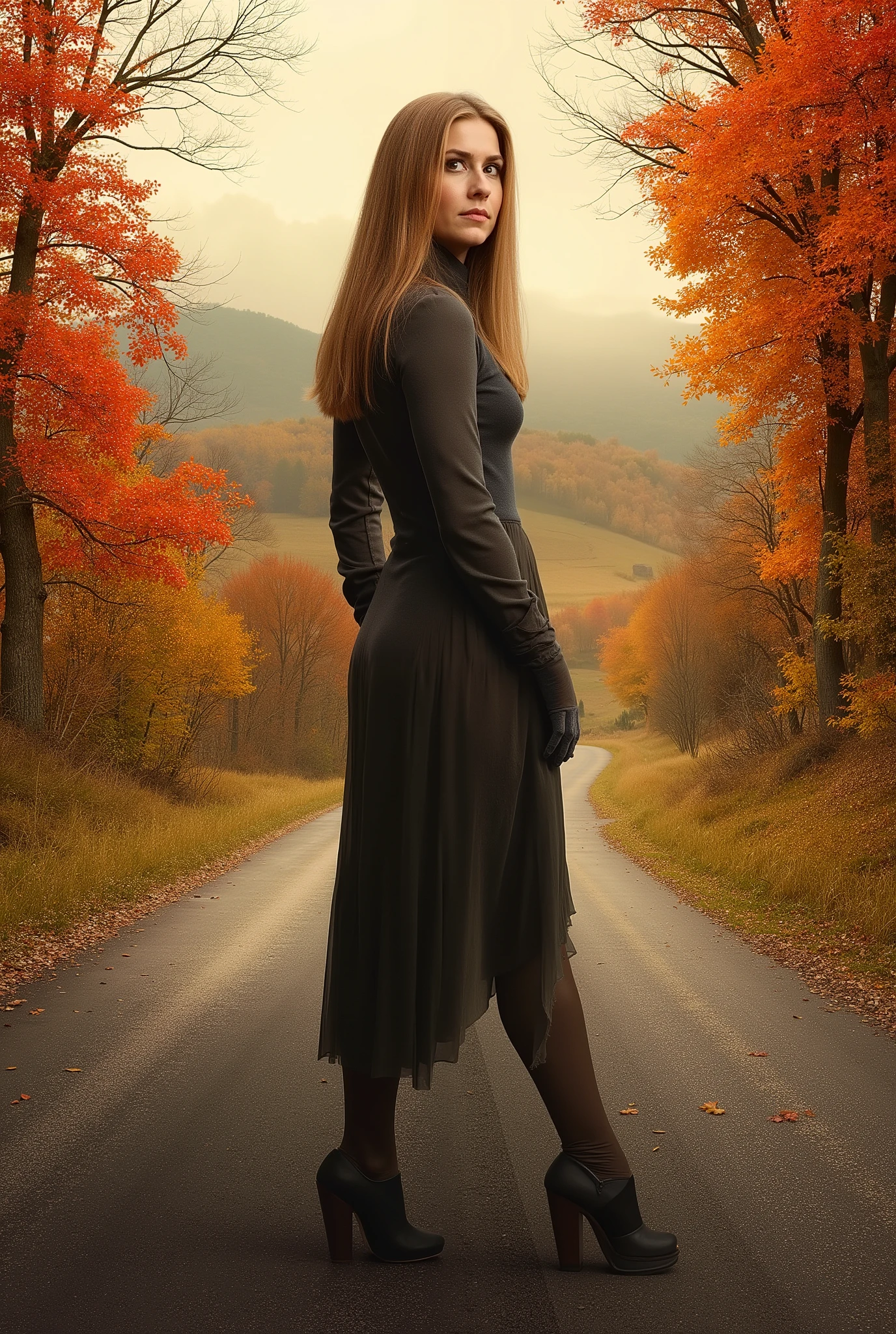 mulher , She's on a road, Autumn looking at the camera 